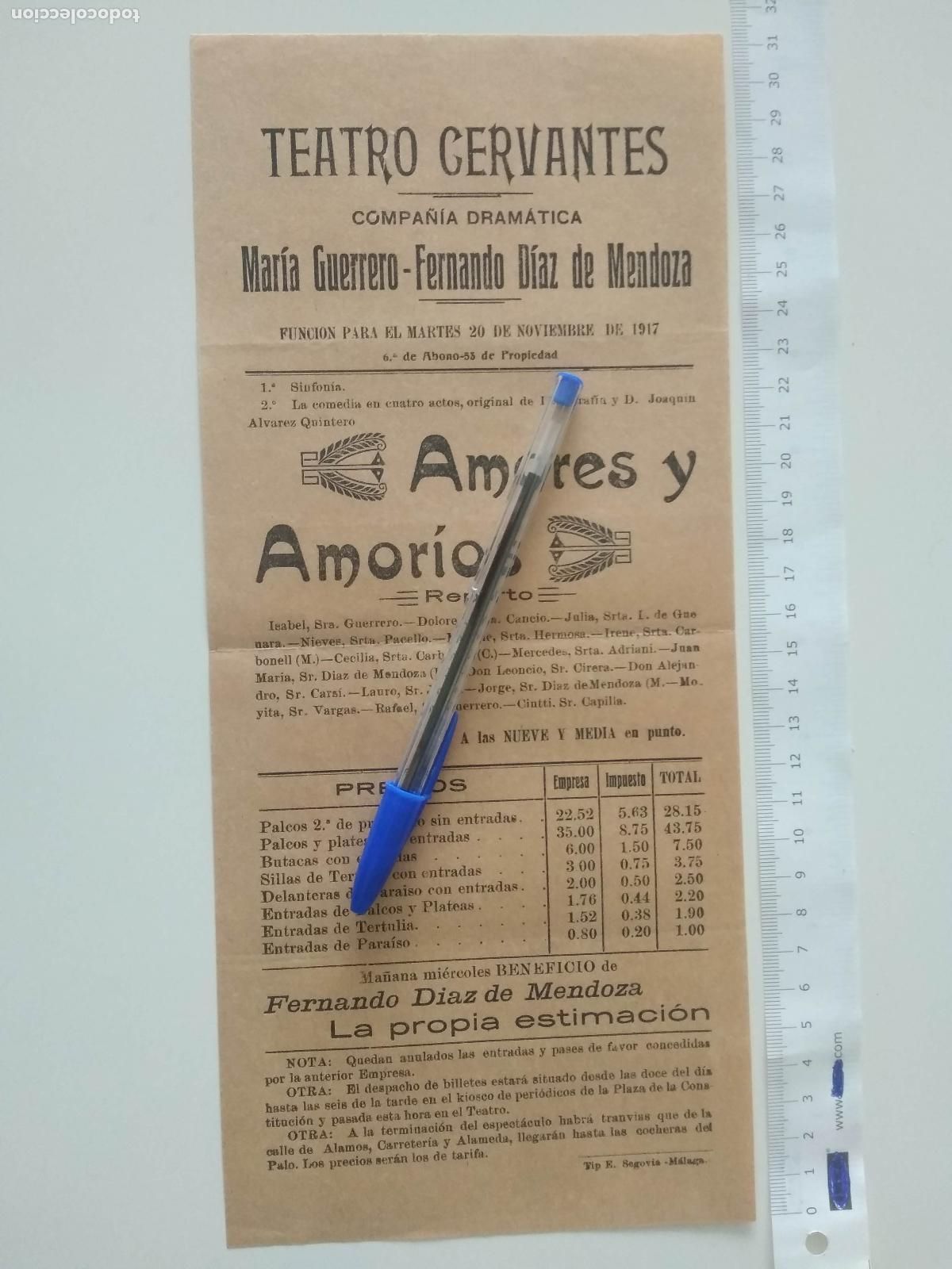 Coleccionismo de carteles: CARTEL TEATRO CERVANTES DE MALAGA 1917 COMPA&Ntilde;IA MARIA GUERRERO FERNANDO DIAZ DE MENDOZA AMORES Y AMO