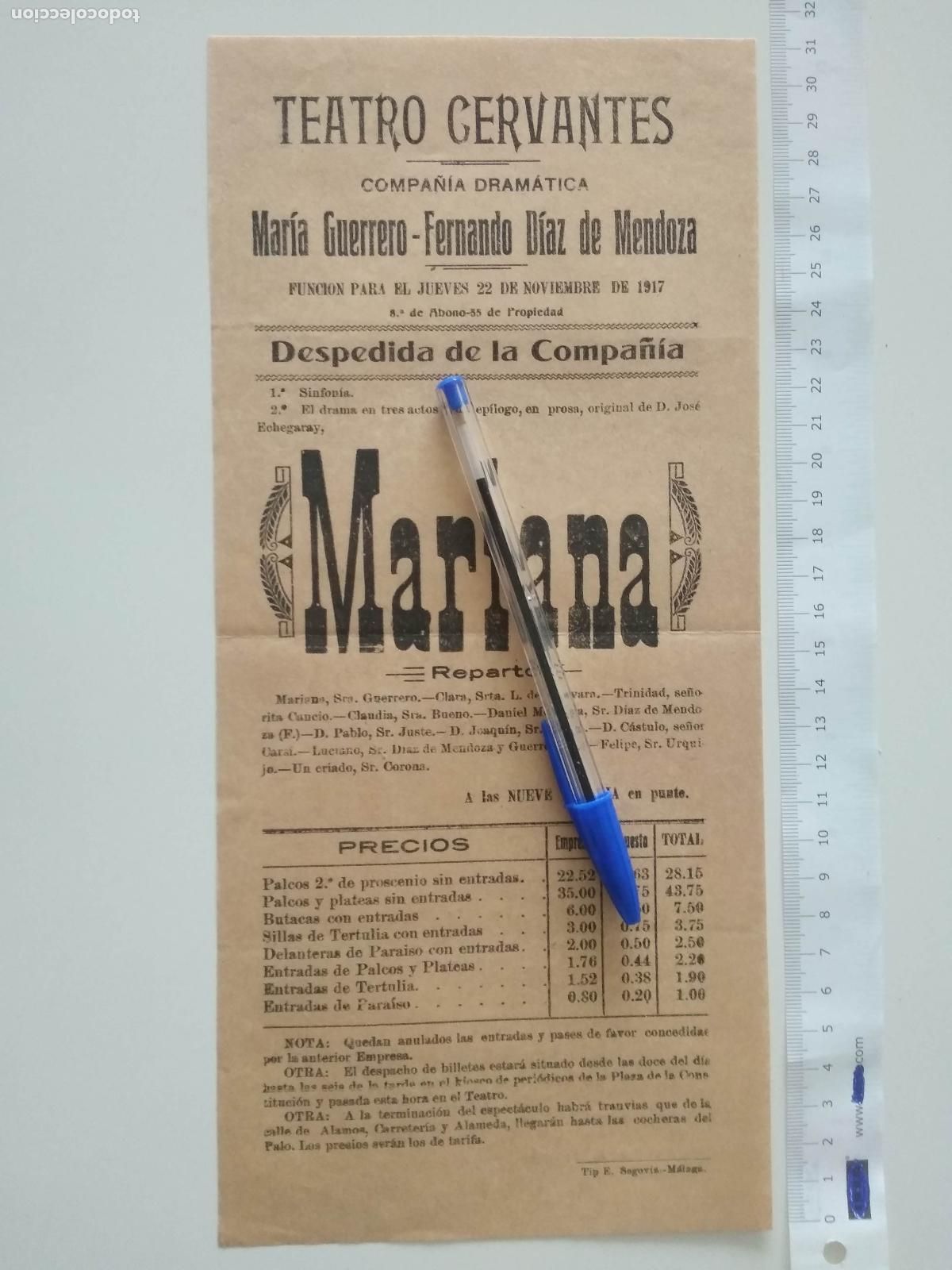 Coleccionismo de carteles: CARTEL TEATRO CERVANTES DE MALAGA 1917 COMPA&Ntilde;IA MARIA GUERRERO FERNANDO DIAZ DE MENDOZA MARIANA