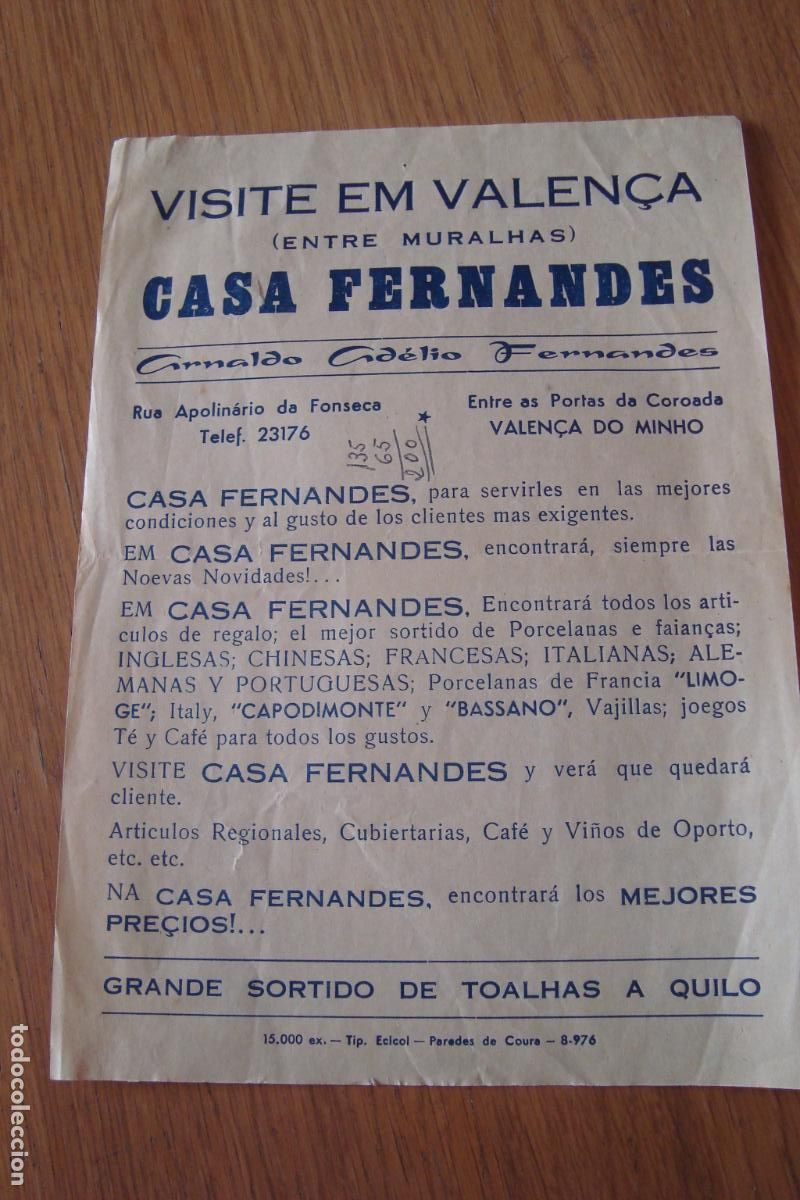 Coleccionismo de carteles: ANTIGUA PUBLICIDAD CASA ARNALDO ADELIO FERNANDES. PORCELANAS. VALEN&Ccedil;A DO MINHO. PORTUGAL