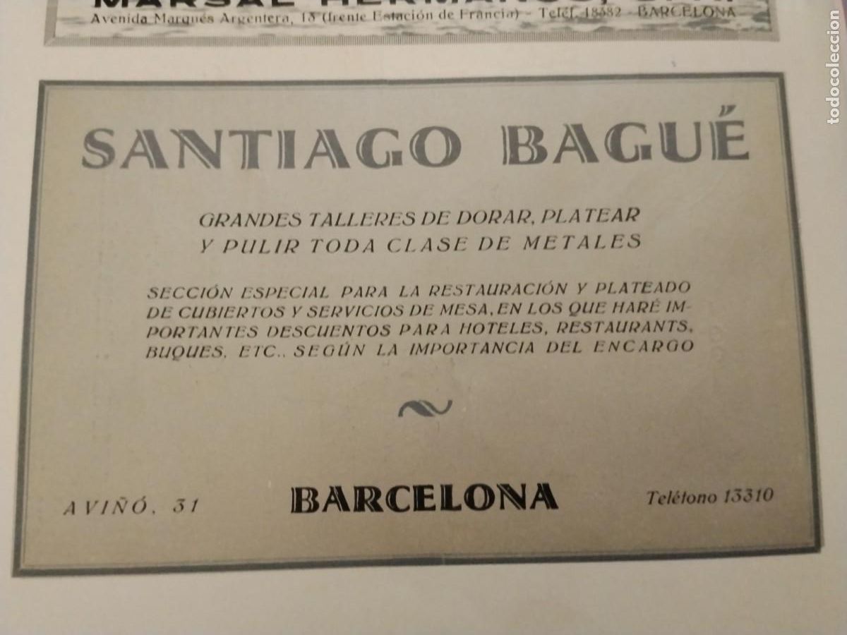 Coleccionismo de carteles: GRANDES TALLERES DE DORAR PLATEAR PULIR METALES SANTIAGO BAGUE BARCELONA HOJA A&Ntilde;O 1931-1932