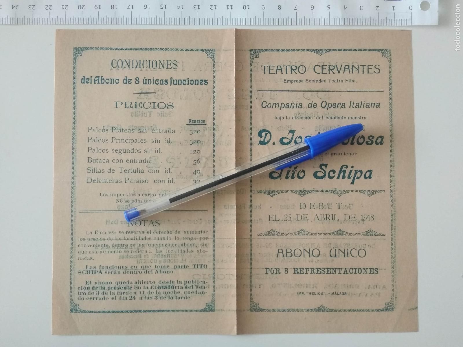 Coleccionismo de carteles: CARTEL TEATRO CERVANTES DE MALAGA 1918 COMPA&Ntilde;IA JOSE TOLOSA TITO SCHIPA JOSE ANGLADA JULIO TUBILLA