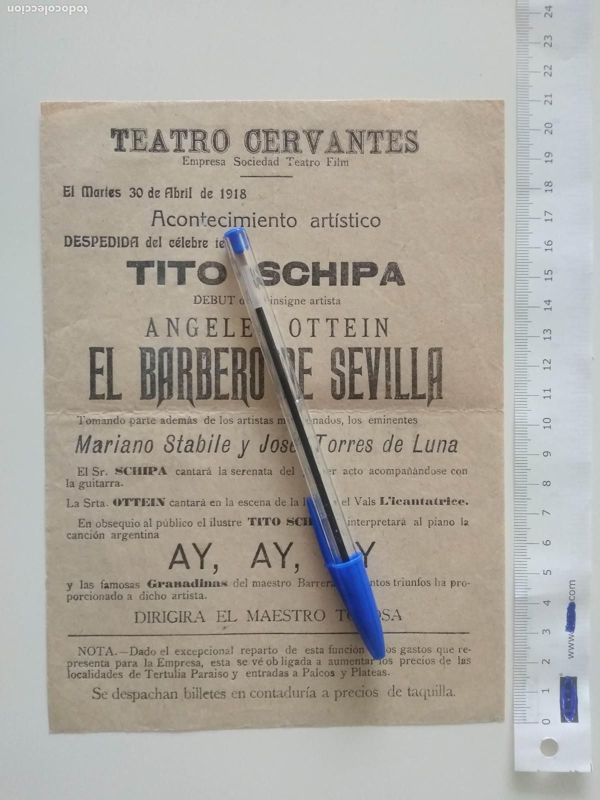Coleccionismo de carteles: CARTEL TEATRO CERVANTES DE MALAGA 1918 COMPA&Ntilde;IA JOSE TOLOSA TITO SCHIPA EL BARBERO DE SEVILLA