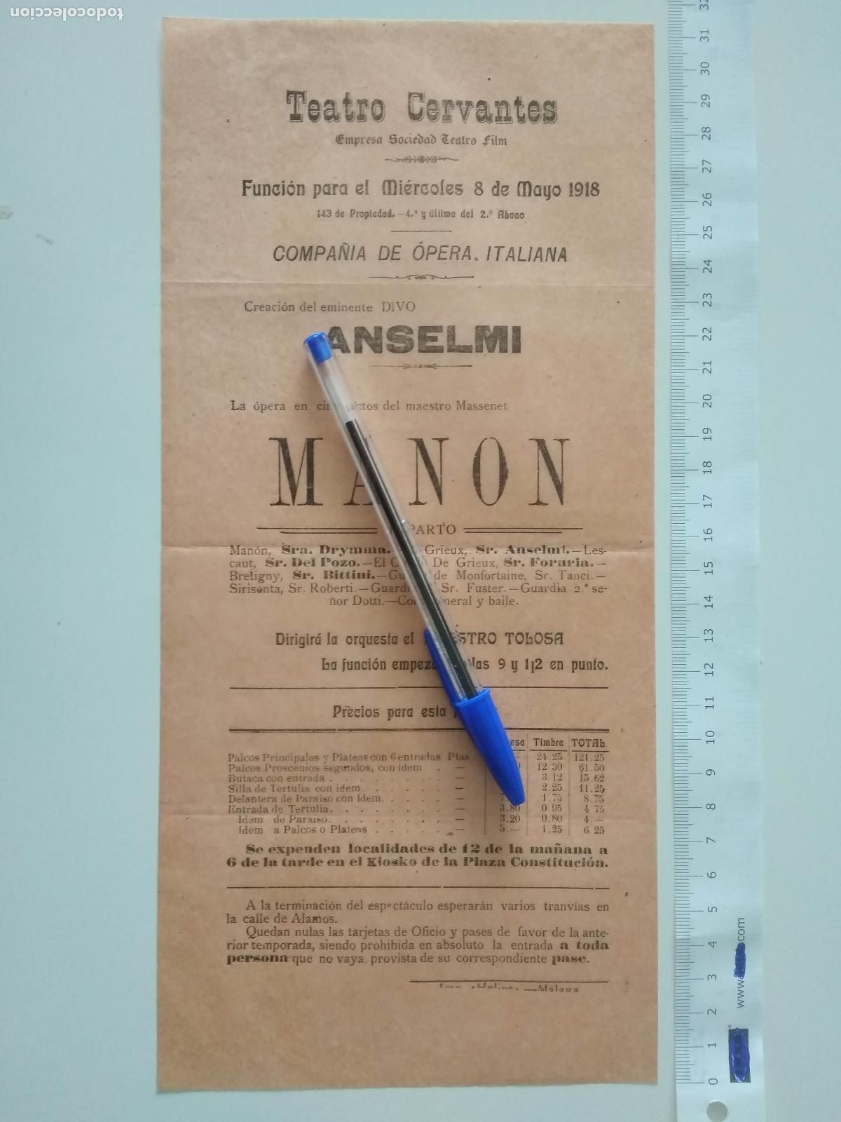 Coleccionismo de carteles: CARTEL TEATRO CERVANTES DE MALAGA 1918 COMPA&Ntilde;IA JOSE TOLOSA TITO SCHIPA MANON BLANCA DRYMMA