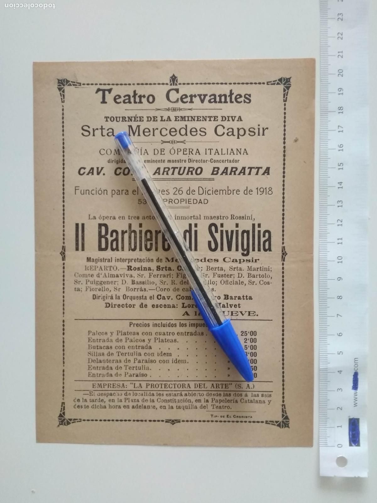 Coleccionismo de carteles: CARTEL TEATRO CERVANTES DE MALAGA 1918 COMPA&Ntilde;IA ARTURO BARATTA MERCEDES CAPSIR IL BARBIERE DI SIVIGL