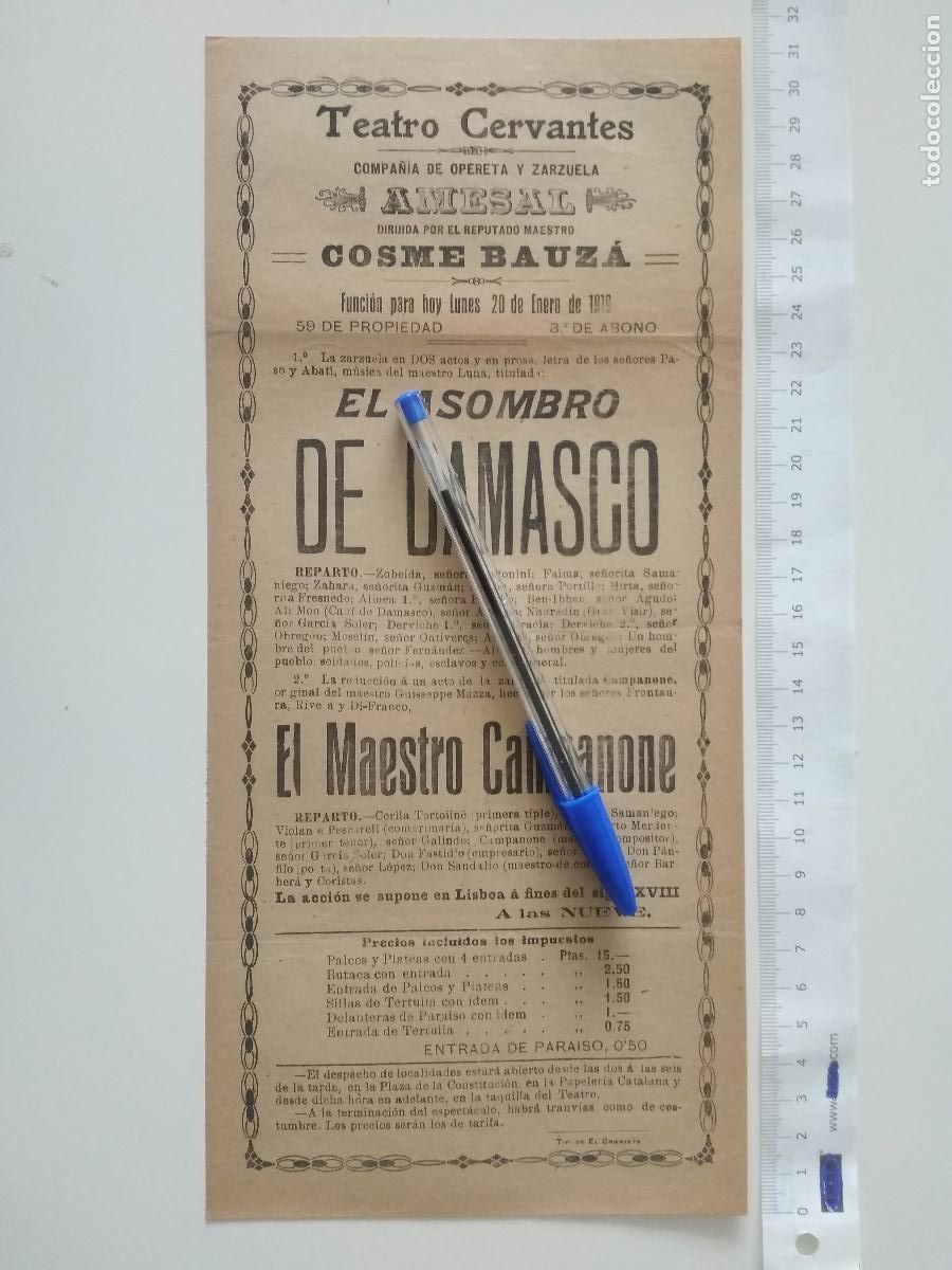 Coleccionismo de carteles: CARTEL TEATRO CERVANTES DE MALAGA 1918 COMPA&Ntilde;IA AMESAL COSME BAUZA EL ASOMBRO DE DAMASCO
