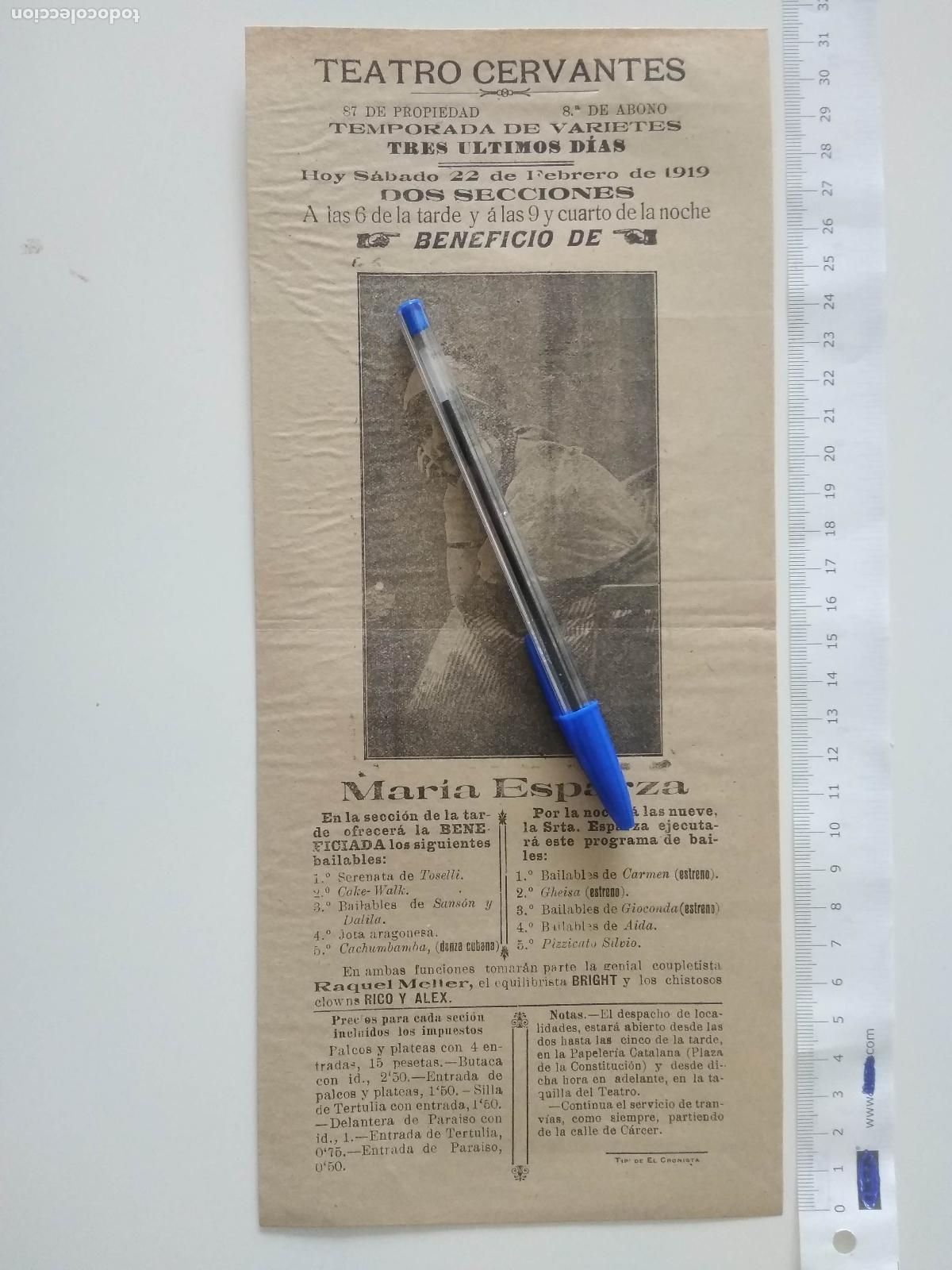 Coleccionismo de carteles: CARTEL TEATRO CERVANTES DE MALAGA 1919 TEMPORADA DE VARIETES BENEFICIO DE MARIA ESPARZA