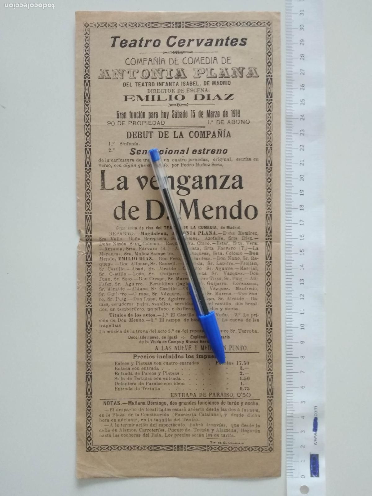 Collezionismo di affissi: CARTEL TEATRO CERVANTES DE MALAGA 1919 COMPA&Ntilde;IA ANTONIA PLANA EMILIO DIAZ LA VENGANZA DE D. MENDO