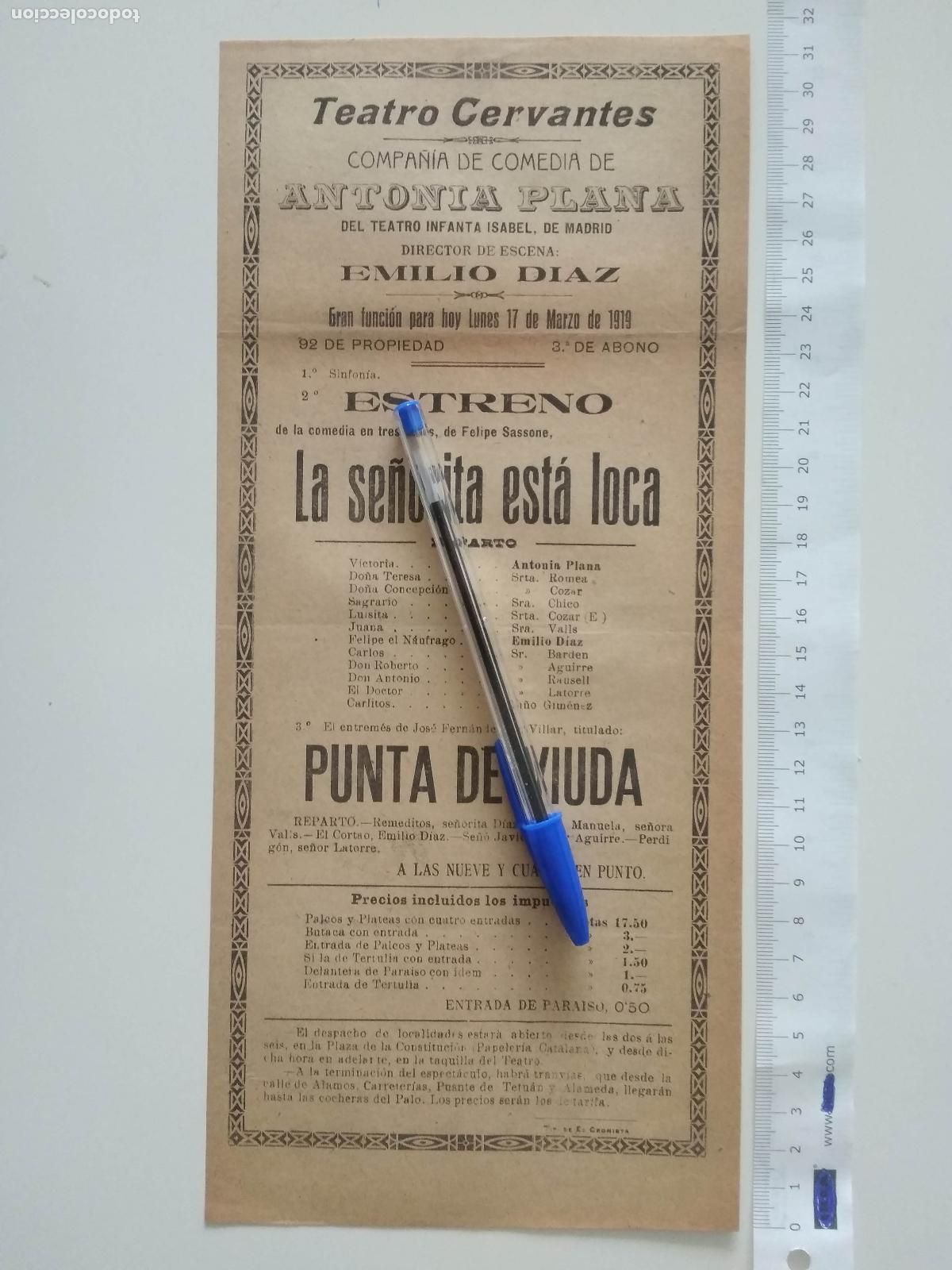 Coleccionismo de carteles: CARTEL TEATRO CERVANTES DE MALAGA 1919 COMPA&Ntilde;IA ANTONIA PLANA EMILIO DIAZ LA SE&Ntilde;ORITA ESTA LOCA