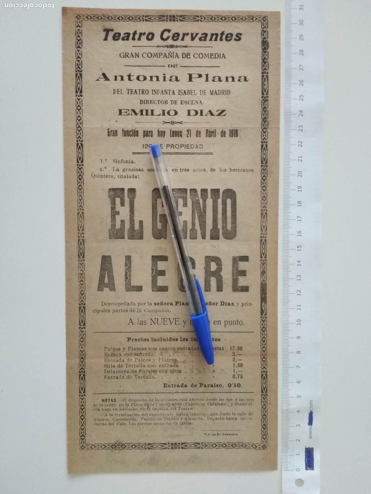 Coleccionismo de carteles: CARTEL TEATRO CERVANTES DE MALAGA 1919 COMPA&Ntilde;IA ANTONIA PLANA EMILIO DIAZ EL GENIO ALEGRE