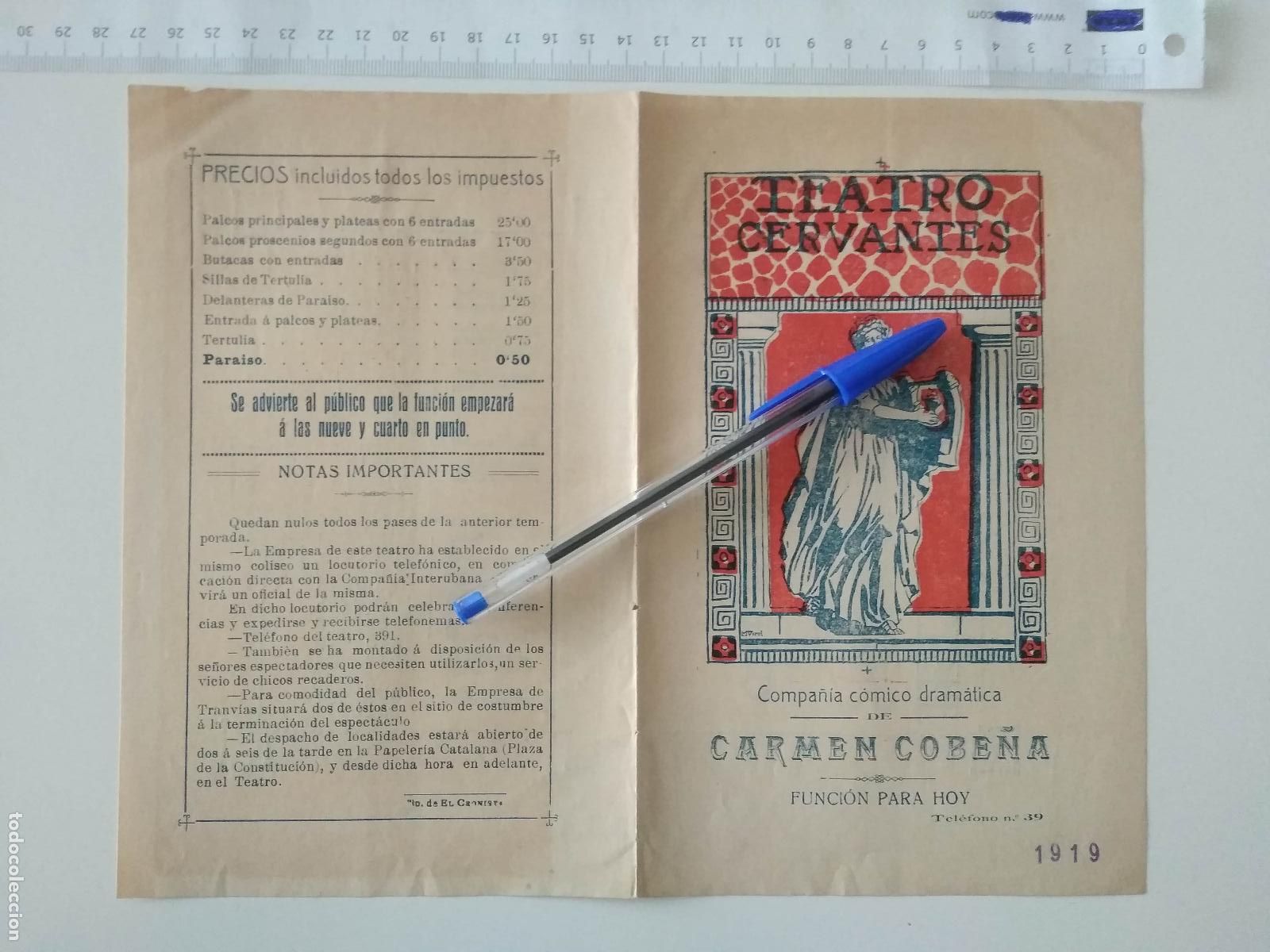 Coleccionismo de carteles: CARTEL TEATRO CERVANTES DE MALAGA 1919 COMPA&Ntilde;IA CARMEN COBE&Ntilde;A FEDERICO OLIVER ALFONSO MU&Ntilde;OZ