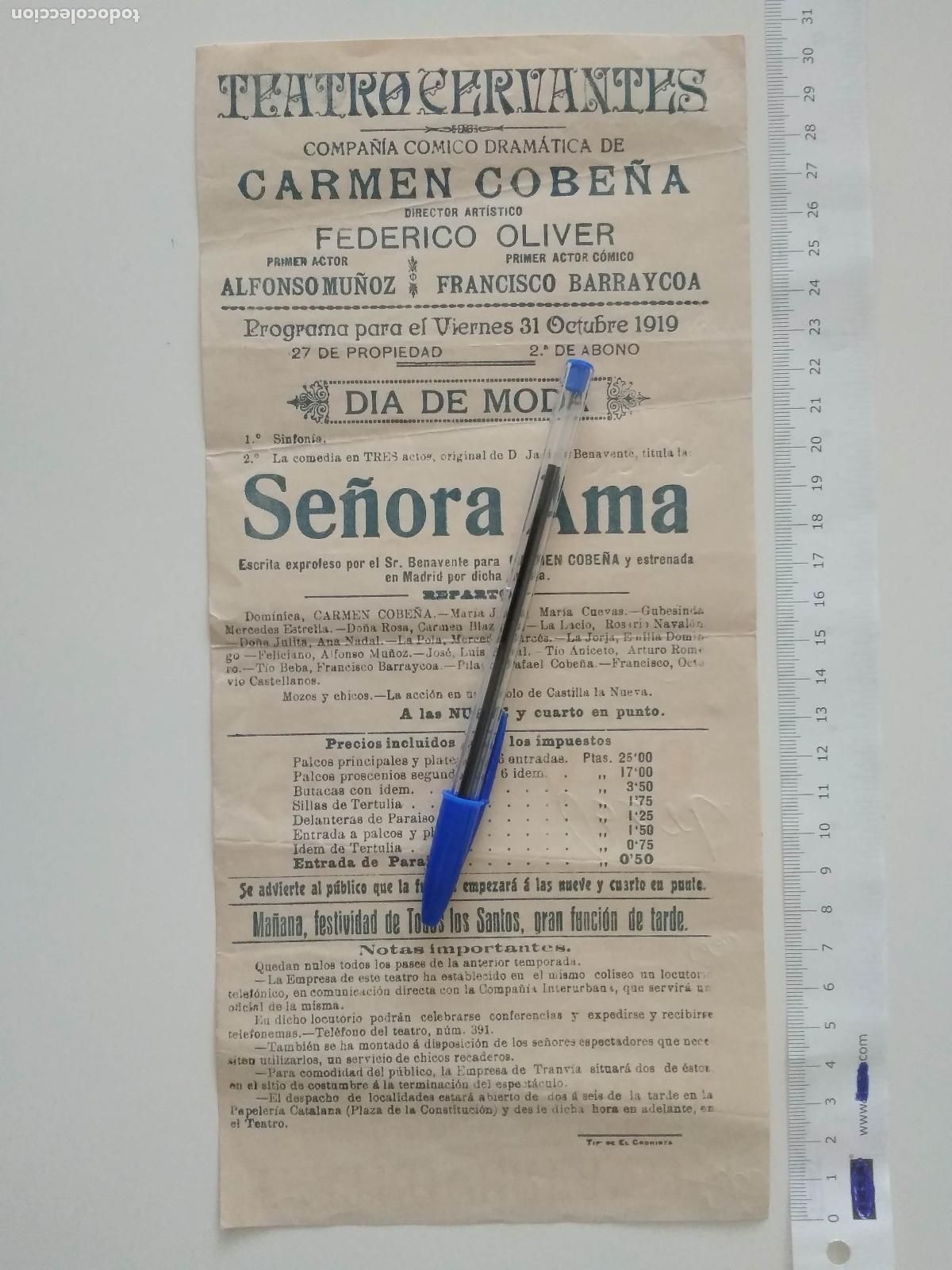 Coleccionismo de carteles: CARTEL TEATRO CERVANTES DE MALAGA 1919 COMPA&Ntilde;IA CARMEN COBE&Ntilde;A FEDERICO OLIVER SE&Ntilde;ORA AMA