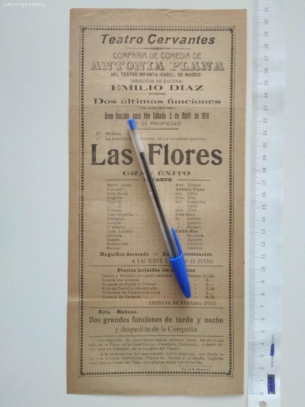 Coleccionismo de carteles: CARTEL TEATRO CERVANTES DE MALAGA 1919 COMPA&Ntilde;IA ANTONIA PLANA EMILIO DIAZ LAS FLORES