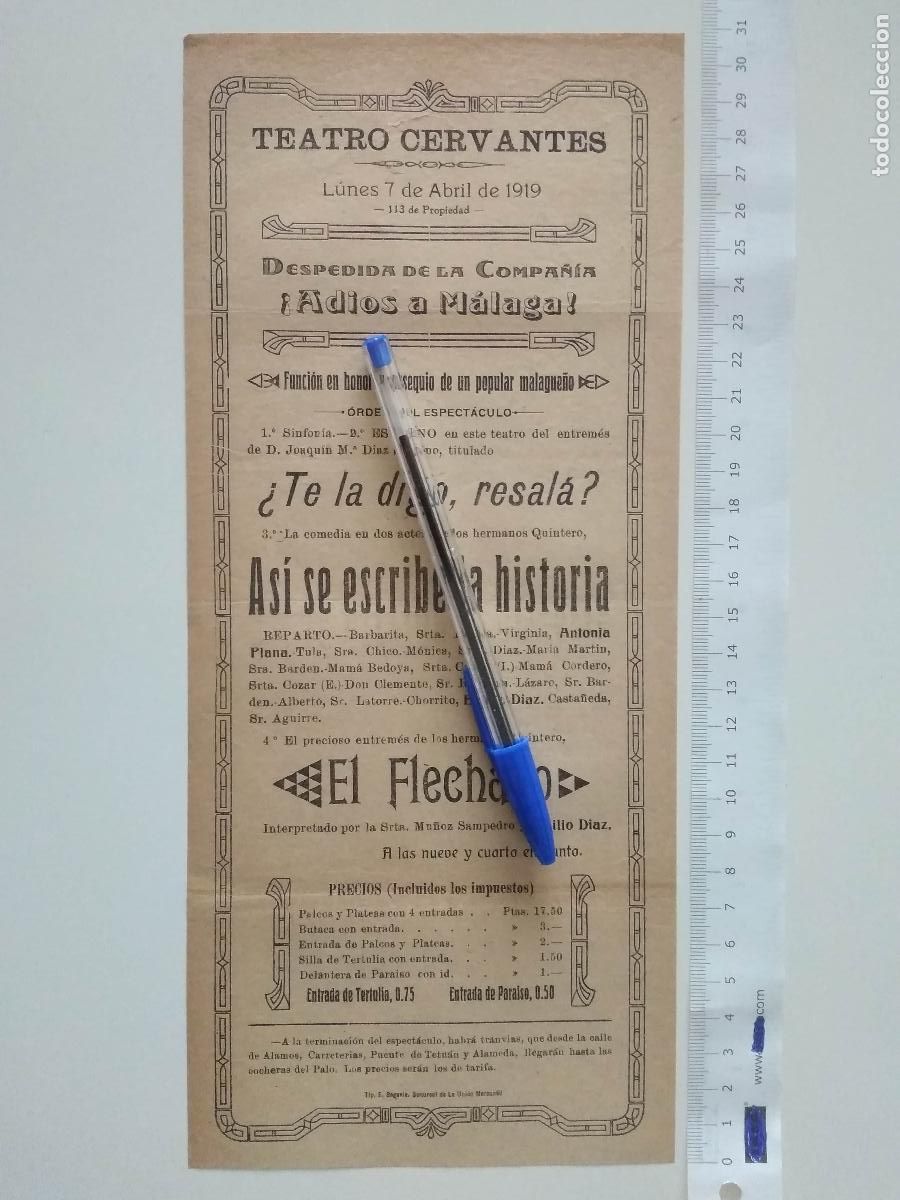 Coleccionismo de carteles: CARTEL TEATRO CERVANTES DE MALAGA 1919 COMPA&Ntilde;IA ANTONIA PLANA EMILIO DIAZ DESPEDIDA EL FLECHAZO