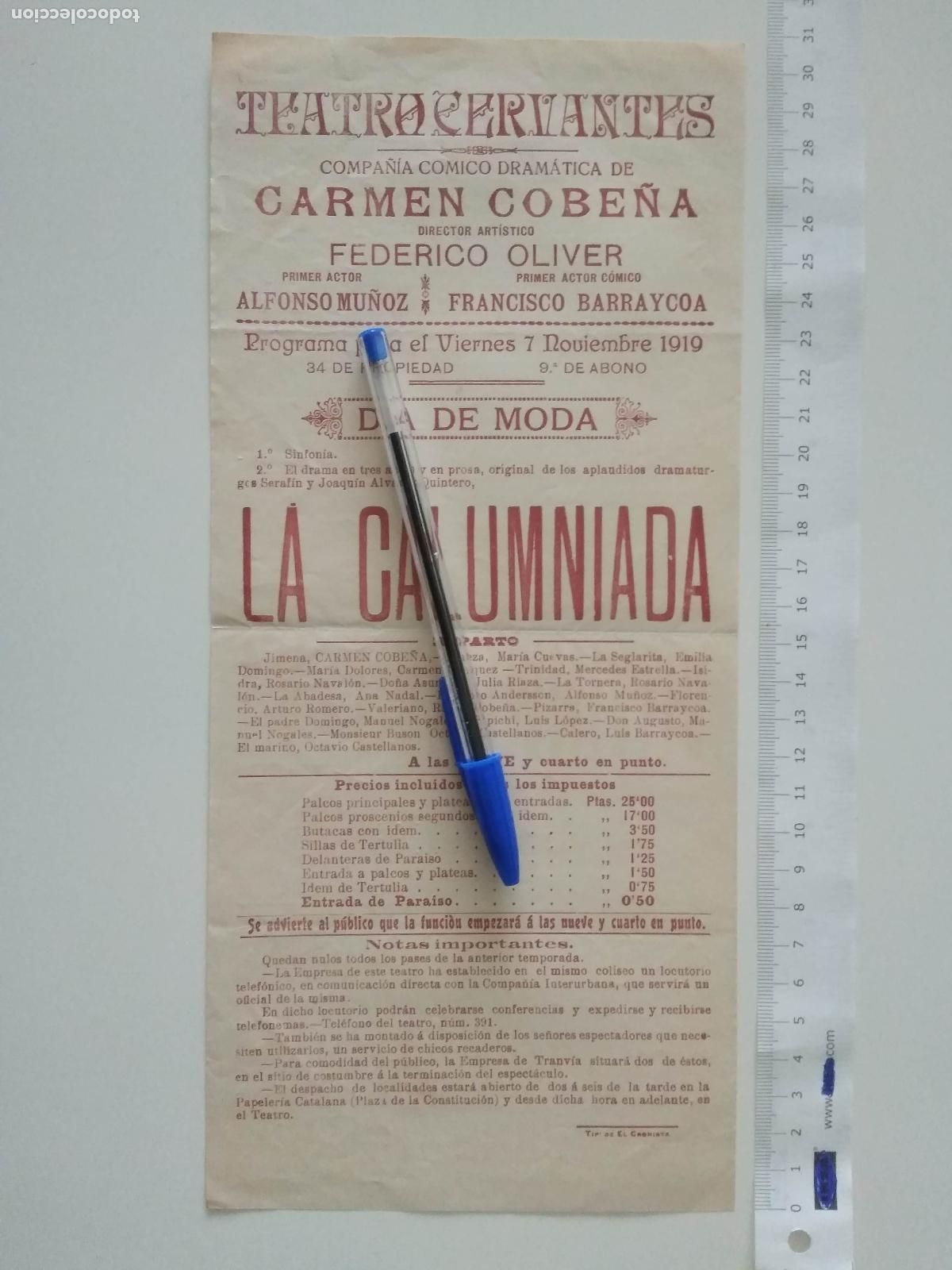 Coleccionismo de carteles: CARTEL TEATRO CERVANTES DE MALAGA 1919 COMPA&Ntilde;IA CARMEN COBE&Ntilde;A FEDERICO OLIVER LA CALUMNIADA