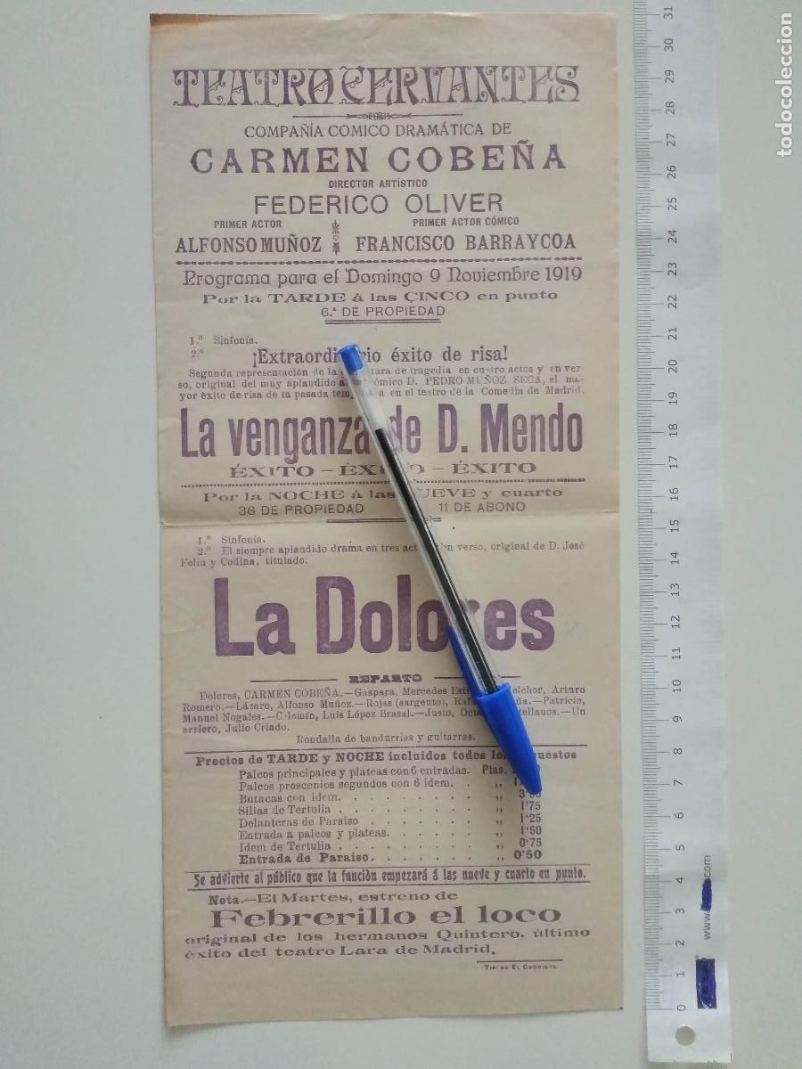 Coleccionismo de carteles: CARTEL TEATRO CERVANTES DE MALAGA 1919 COMPA&Ntilde;IA CARMEN COBE&Ntilde;A FEDERICO OLIVER LA DOLORES