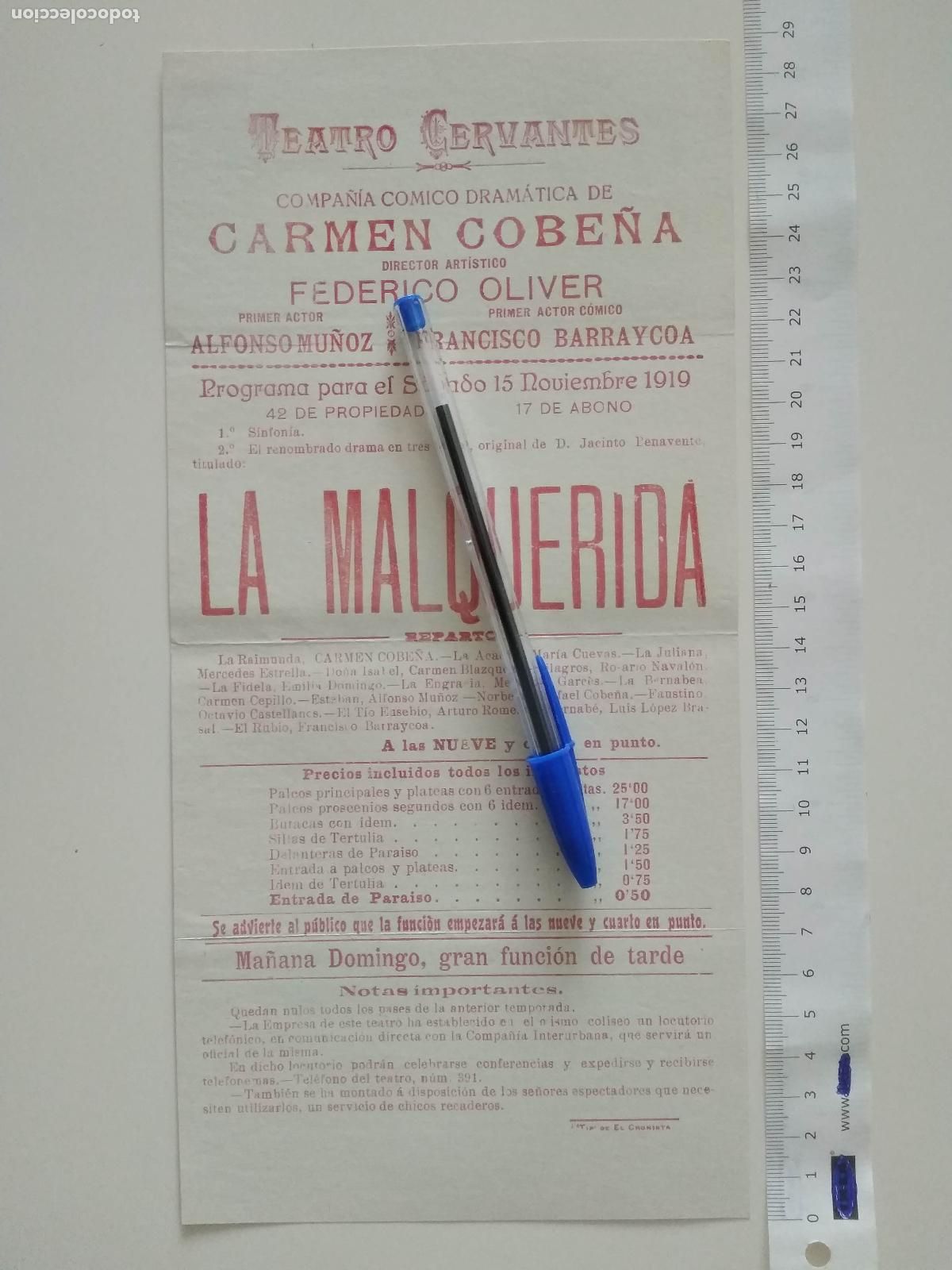 Coleccionismo de carteles: CARTEL TEATRO CERVANTES DE MALAGA 1919 COMPA&Ntilde;IA CARMEN COBE&Ntilde;A FEDERICO OLIVER LA MALQUERIDA