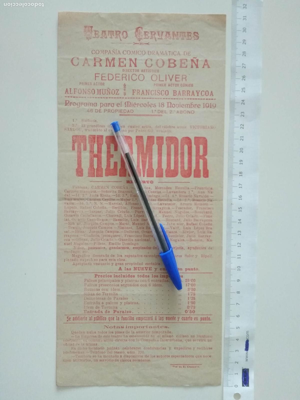 Coleccionismo de carteles: CARTEL TEATRO CERVANTES DE MALAGA 1919 COMPA&Ntilde;IA CARMEN COBE&Ntilde;A FEDERICO OLIVER THERMIDOR