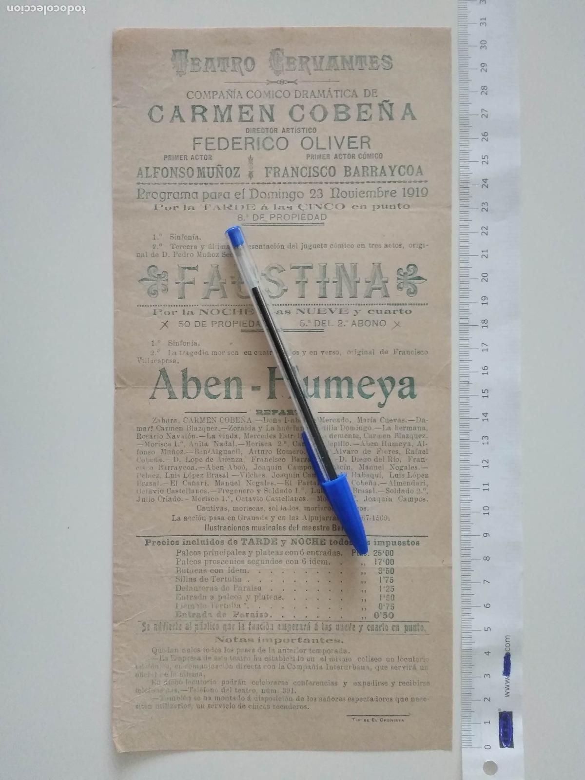 Coleccionismo de carteles: CARTEL TEATRO CERVANTES DE MALAGA 1919 COMPA&Ntilde;IA CARMEN COBE&Ntilde;A FEDERICO OLIVER ABEN HUMEYA FAUSTINA