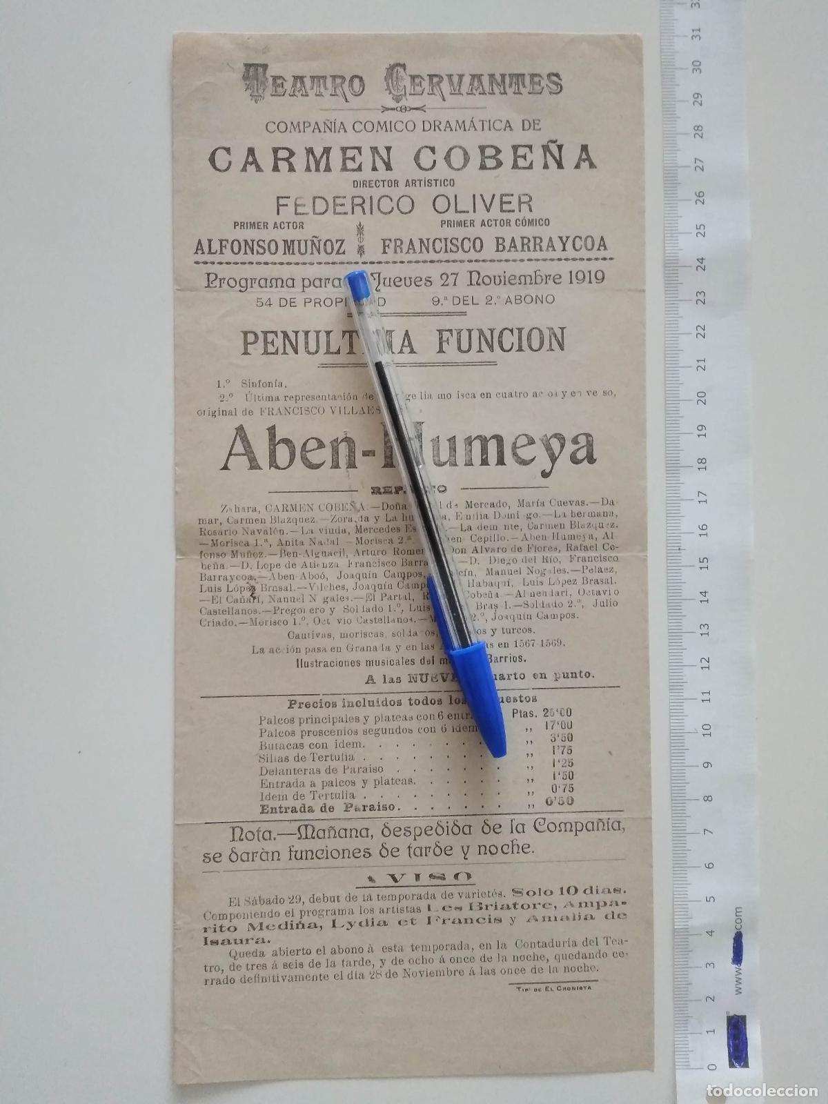 Coleccionismo de carteles: CARTEL TEATRO CERVANTES DE MALAGA 1919 COMPA&Ntilde;IA CARMEN COBE&Ntilde;A FEDERICO OLIVER ABEN HUMEYA