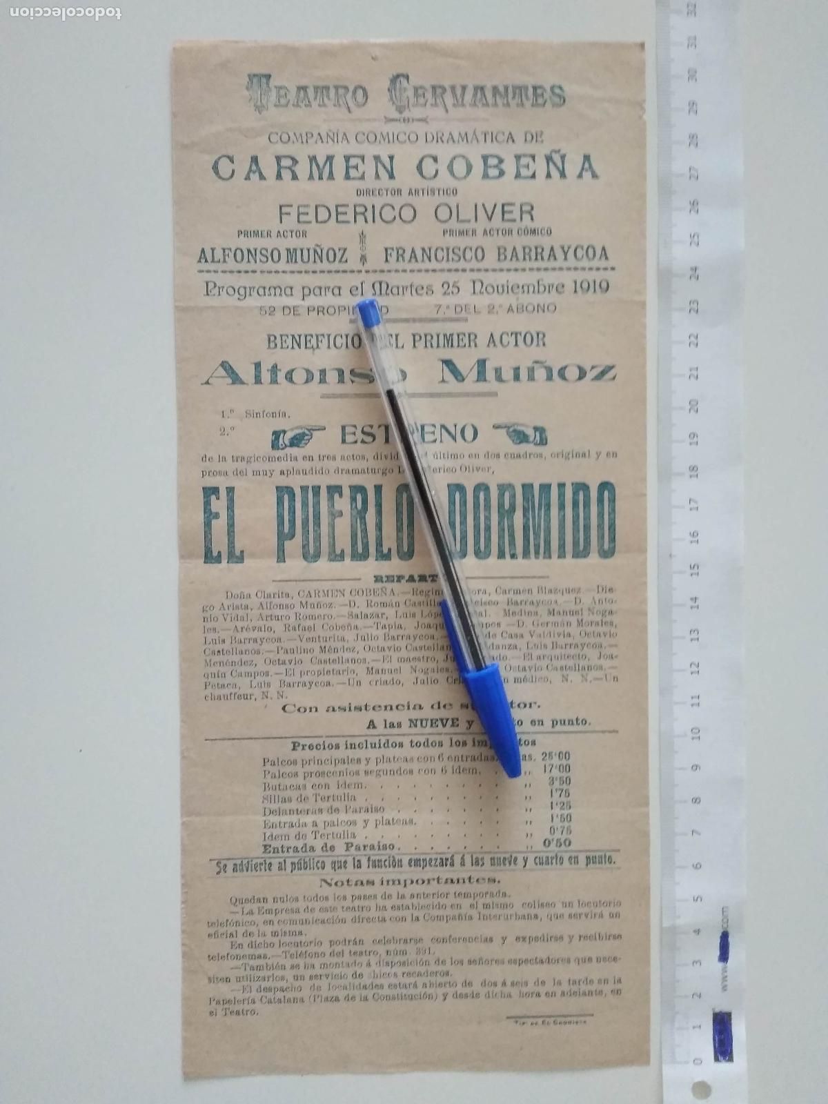 Coleccionismo de carteles: CARTEL TEATRO CERVANTES DE MALAGA 1919 COMPA&Ntilde;IA CARMEN COBE&Ntilde;A FEDERICO OLIVER ALFONSO MU&Ntilde;OZ