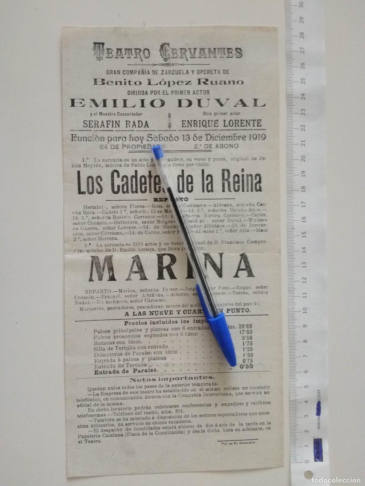 Coleccionismo de carteles: CARTEL TEATRO CERVANTES DE MALAGA 1919 COMPA&Ntilde;IA BENITO LOPEZ RUANO EMILIO DUVAL MARINA