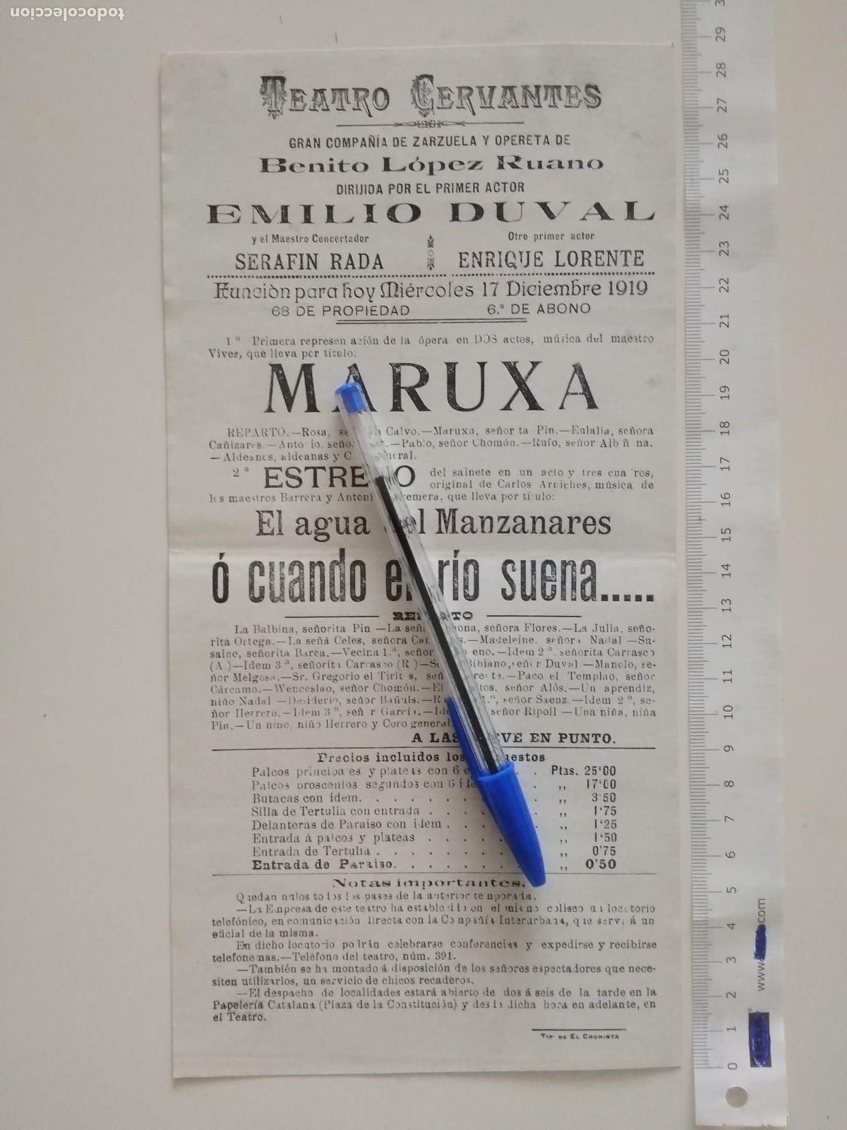 Coleccionismo de carteles: CARTEL TEATRO CERVANTES DE MALAGA 1919 COMPA&Ntilde;IA BENITO LOPEZ RUANO EMILIO DUVAL MARUXA