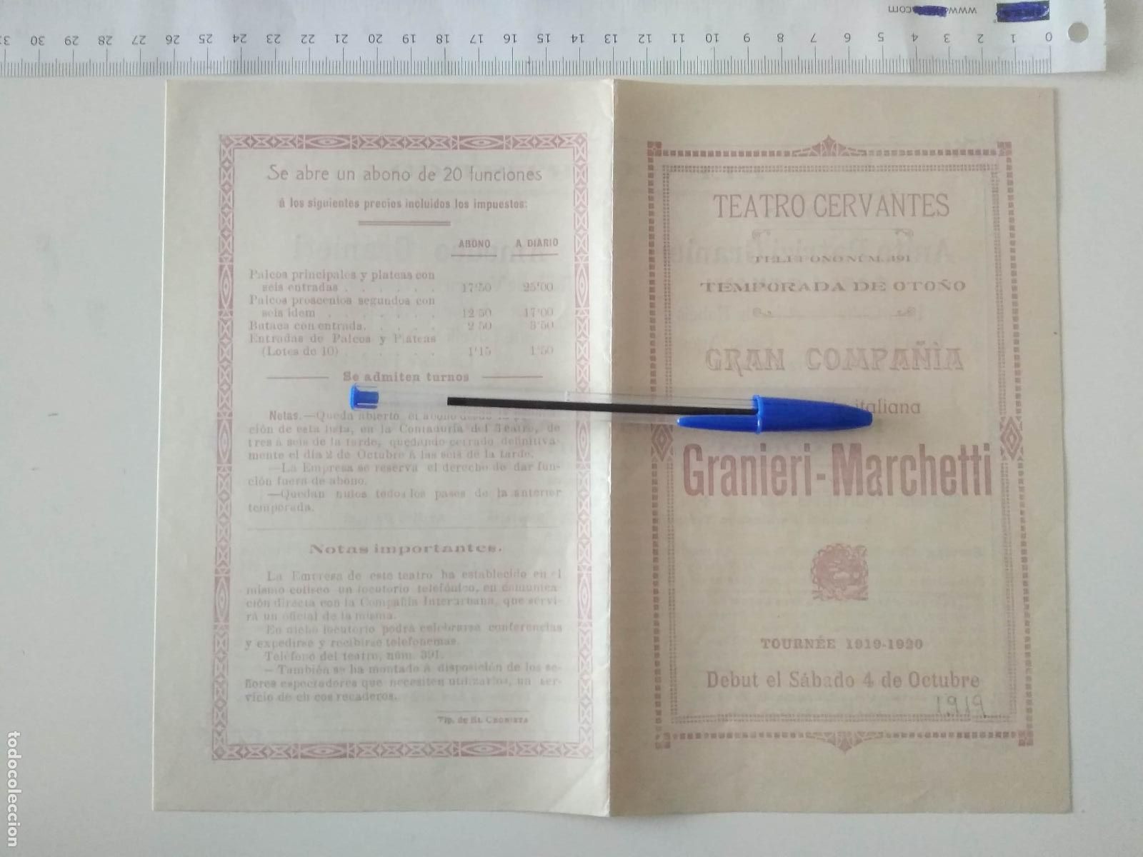 Coleccionismo de carteles: CARTEL TEATRO CERVANTES DE MALAGA 1919 COMPA&Ntilde;IA GRANIERI MARCHETTI TEMPORADA DE OTO&Ntilde;O