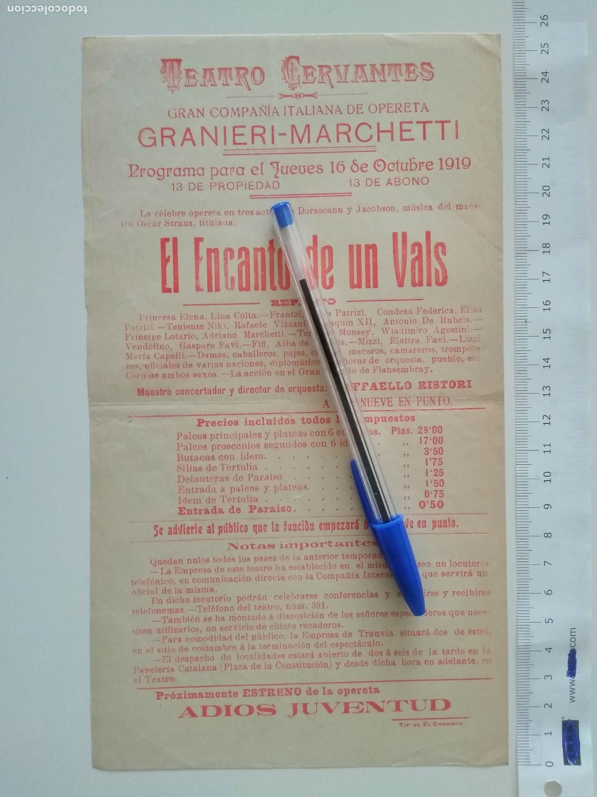 Coleccionismo de carteles: CARTEL TEATRO CERVANTES DE MALAGA 1919 COMPA&Ntilde;IA GRANIERI MARCHETTI EL ENCANTO DE UN VALS