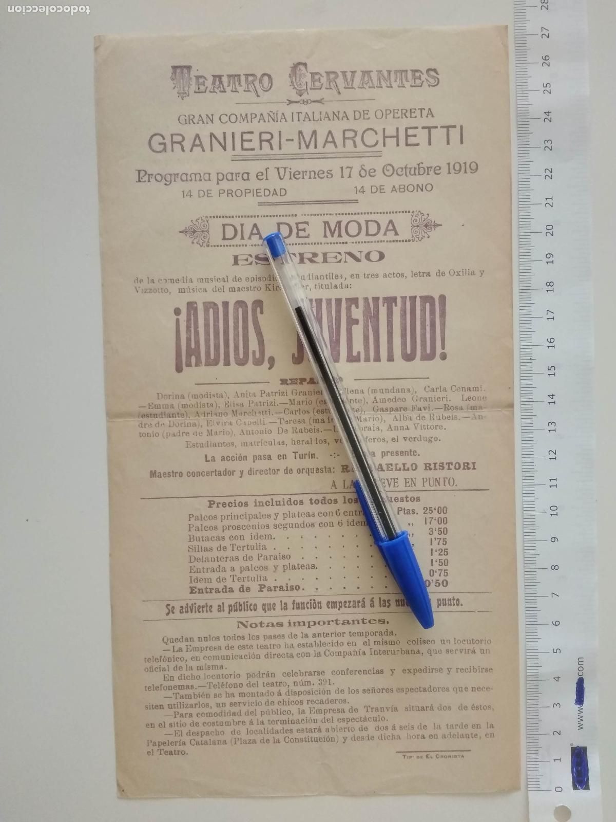 Coleccionismo de carteles: CARTEL TEATRO CERVANTES DE MALAGA 1919 COMPA&Ntilde;IA GRANIERI MARCHETTI ADIOS JUVENTUD RAFFAELO RISTORI