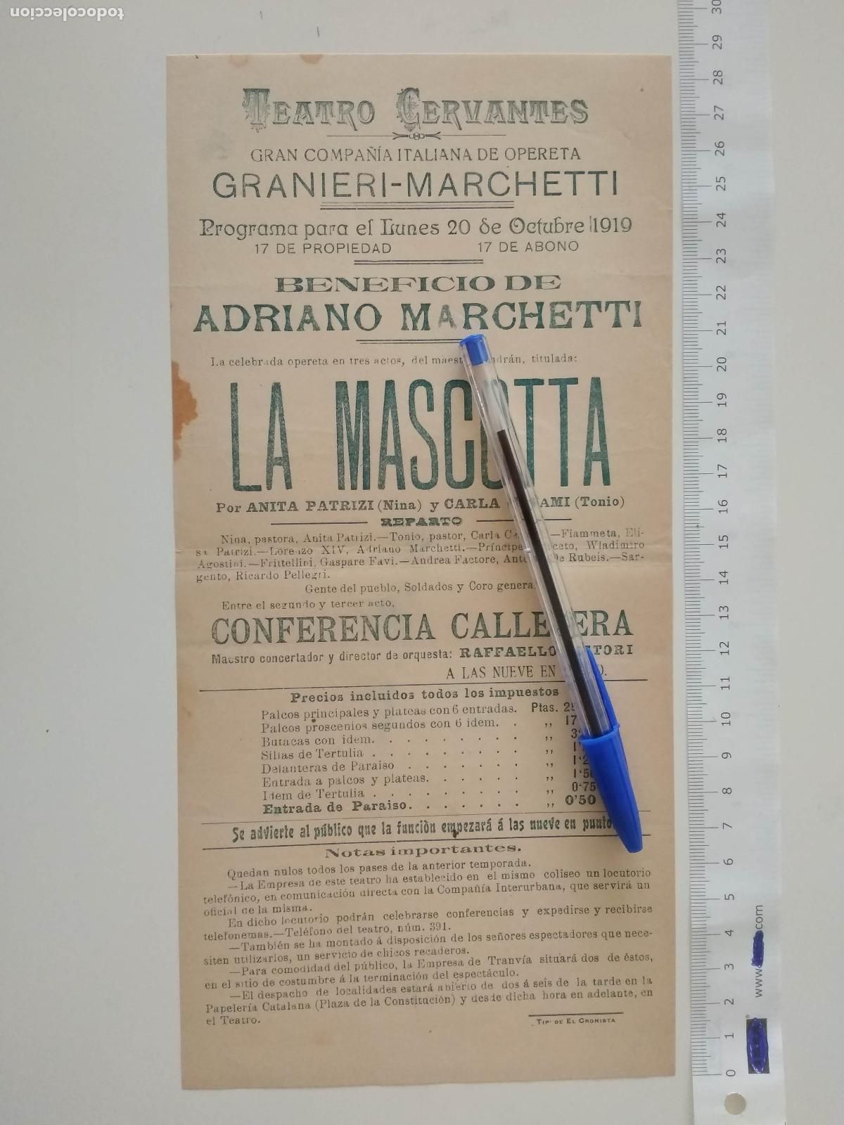 Coleccionismo de carteles: CARTEL TEATRO CERVANTES DE MALAGA 1919 COMPA&Ntilde;IA GRANIERI MARCHETTI ADRIANO LA MASCOTTA ANITA PATRIZI