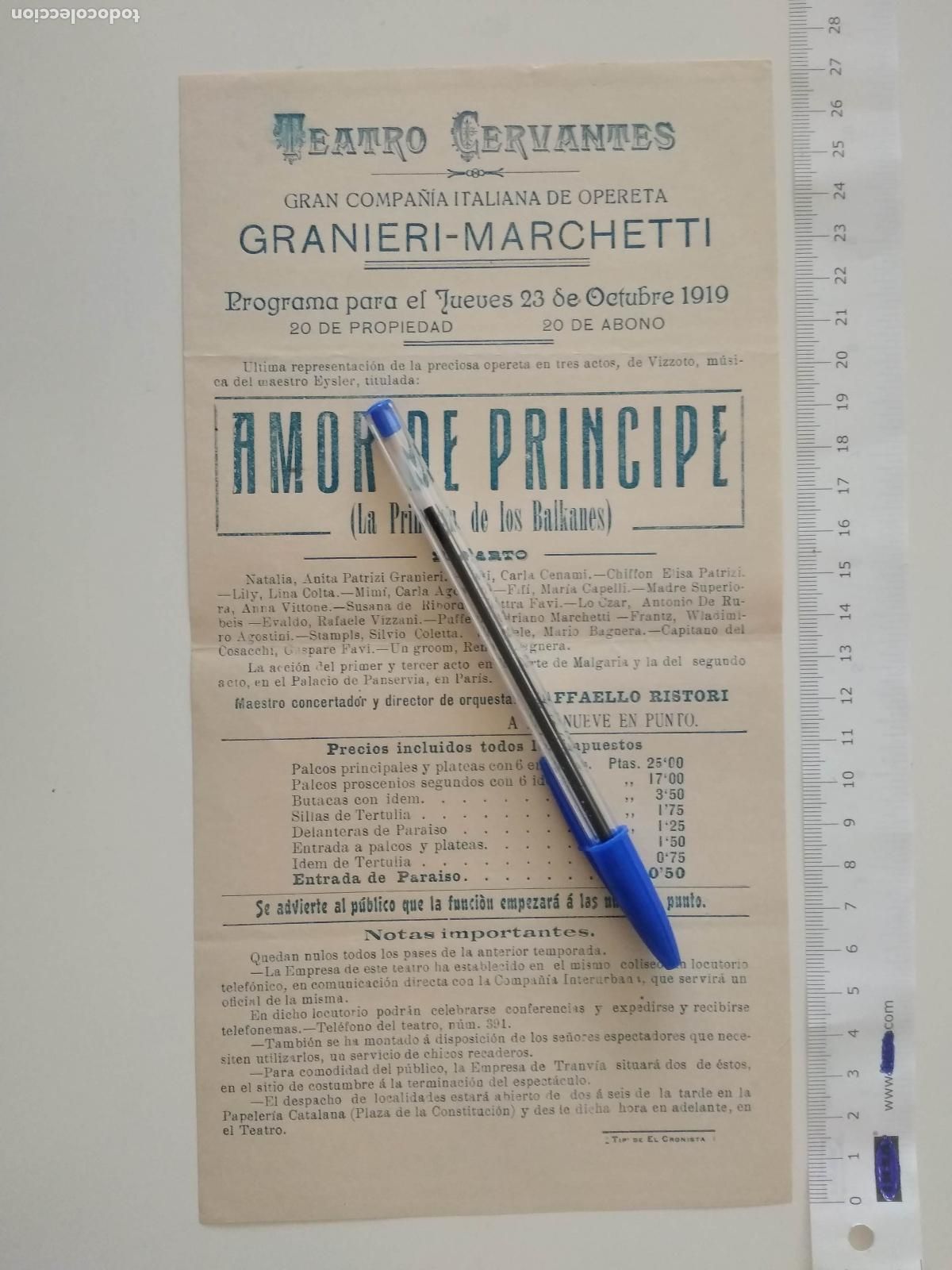 Coleccionismo de carteles: CARTEL TEATRO CERVANTES DE MALAGA 1919 COMPA&Ntilde;IA GRANIERI MARCHETTI AMOR DE PRINCIPE LA PRINCESA