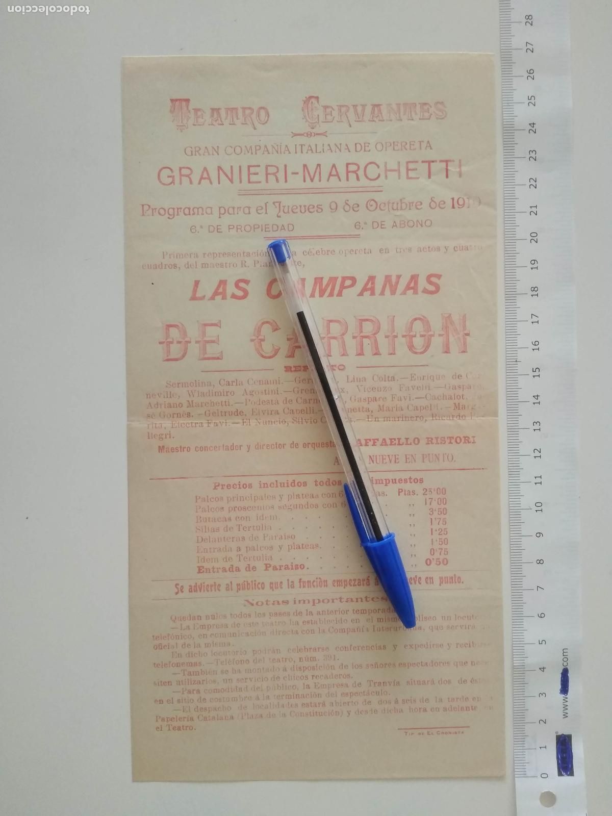 Coleccionismo de carteles: CARTEL TEATRO CERVANTES DE MALAGA 1919 COMPA&Ntilde;IA GRANIERI MARCHETTI LAS CAMPANAS DE CARRION