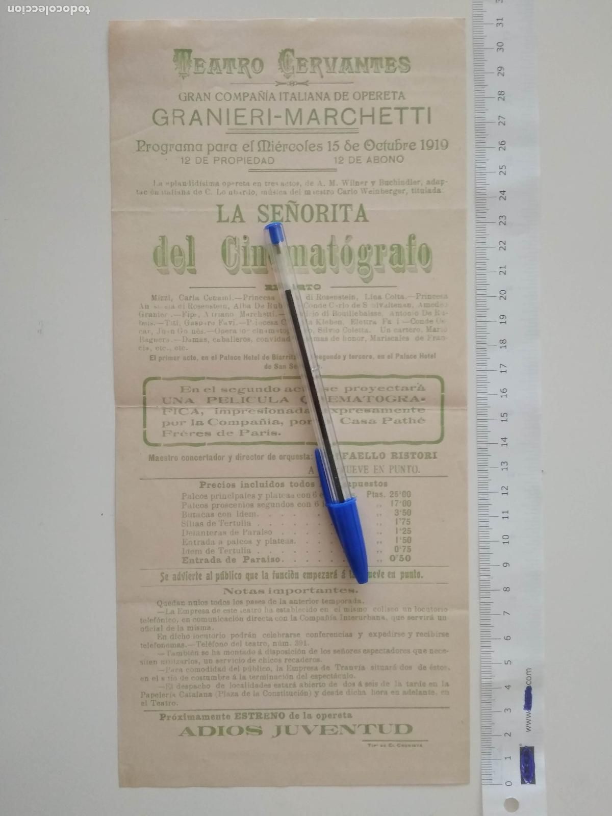 Coleccionismo de carteles: CARTEL TEATRO CERVANTES DE MALAGA 1919 COMPA&Ntilde;IA GRANIERI MARCHETTI LA SE&Ntilde;ORITA DEL CINEMATOGRAFO