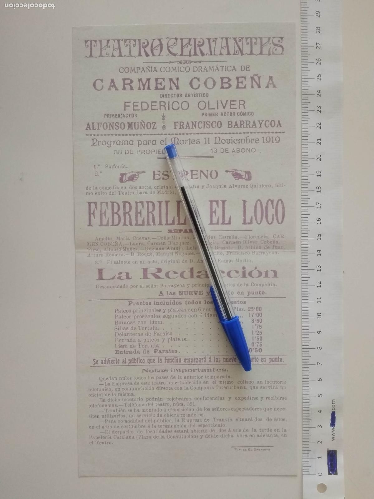 Coleccionismo de carteles: CARTEL TEATRO CERVANTES DE MALAGA 1919 COMPA&Ntilde;IA CARMEN COBE&Ntilde;A FEDERICO OLIVER FEBRERILLO EL LOCO