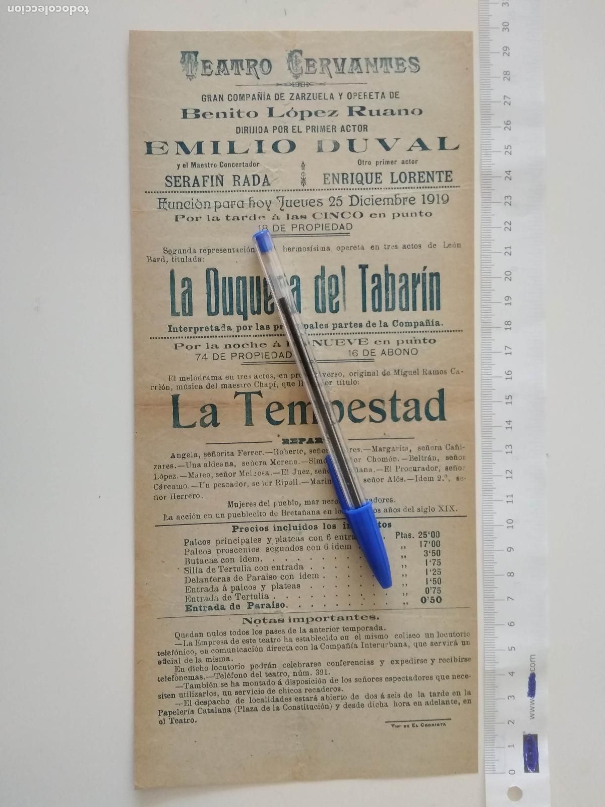 Coleccionismo de carteles: CARTEL TEATRO CERVANTES DE MALAGA 1919 COMPA&Ntilde;IA BENITO LOPEZ RUANO EMILIO DUVAL LA TEMPESTAD
