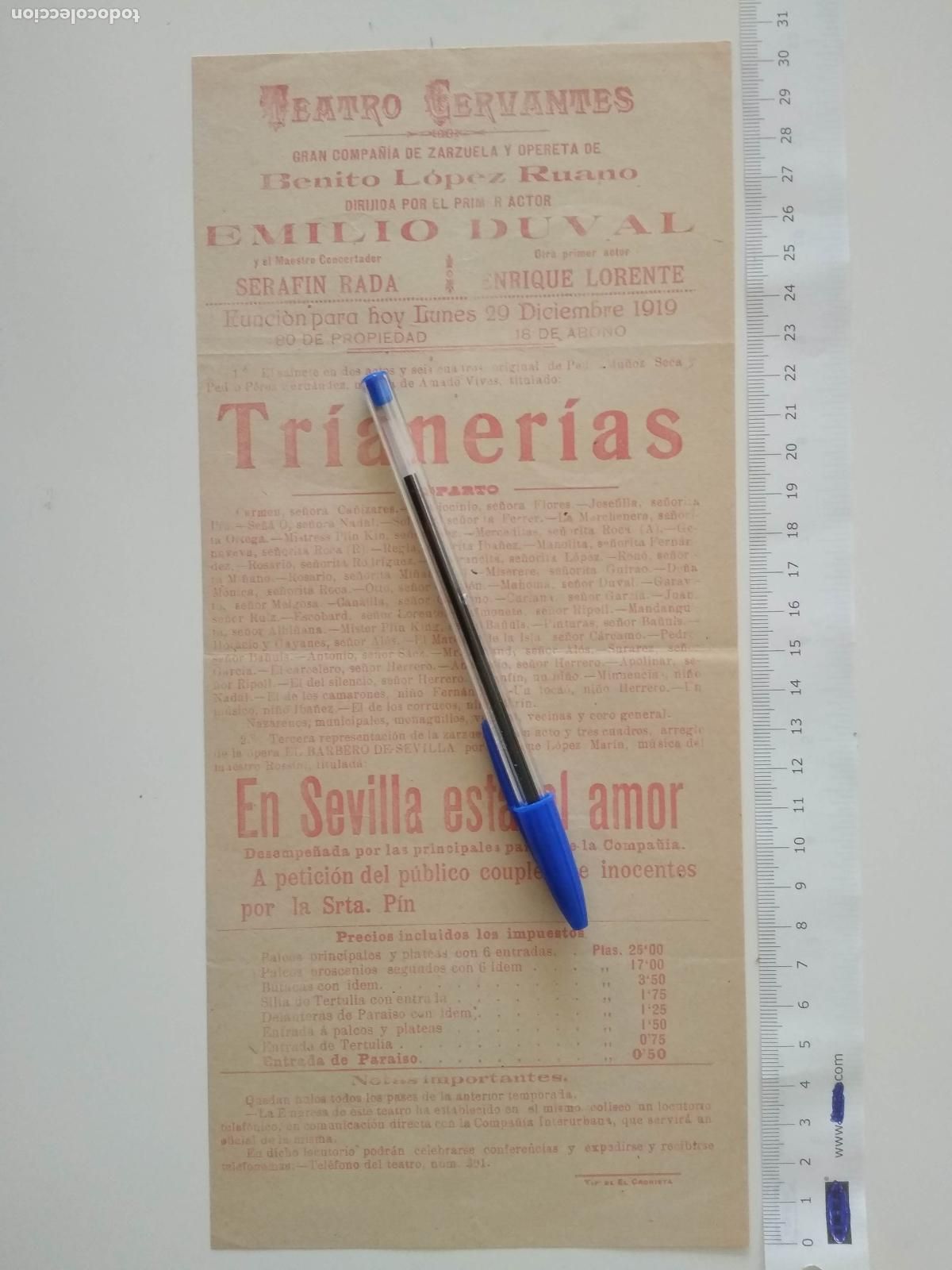 Coleccionismo de carteles: CARTEL TEATRO CERVANTES DE MALAGA 1919 COMPA&Ntilde;IA BENITO LOPEZ RUANO EMILIO DUVAL TRIANERIAS
