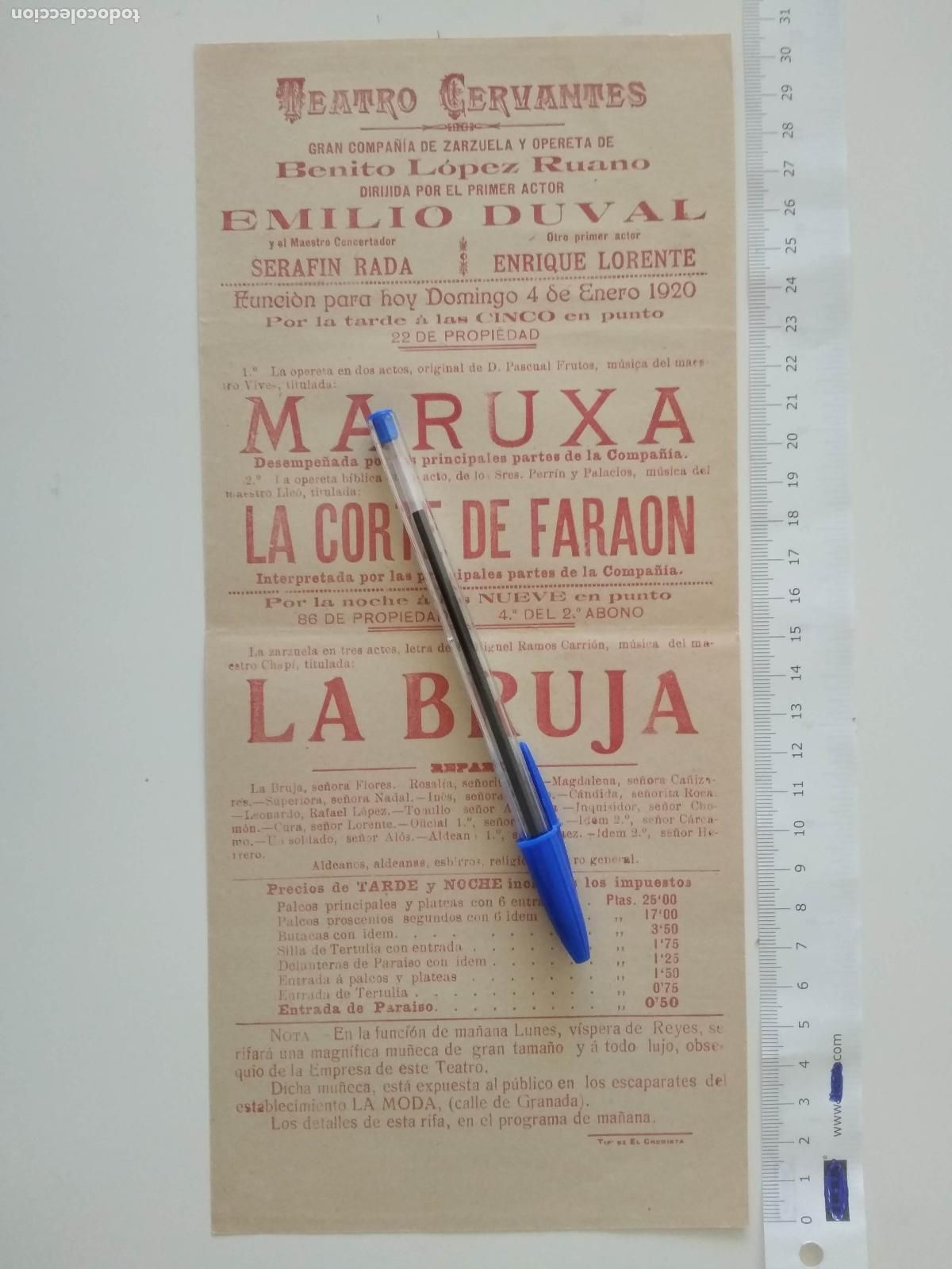 Coleccionismo de carteles: CARTEL TEATRO CERVANTES DE MALAGA 1920 COMPA&Ntilde;IA BENITO LOPEZ RUANO EMILIO DUVAL MARUXA LA BRUJA