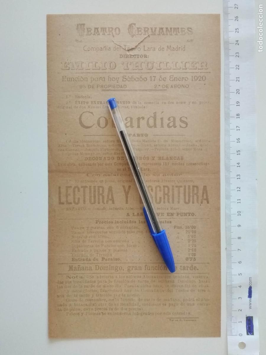 Coleccionismo de carteles: CARTEL TEATRO CERVANTES DE MALAGA 1920 COMPA&Ntilde;IA DEL TEATRO LARA DE MADRID EMILIO THUILLIER COBARDIAS