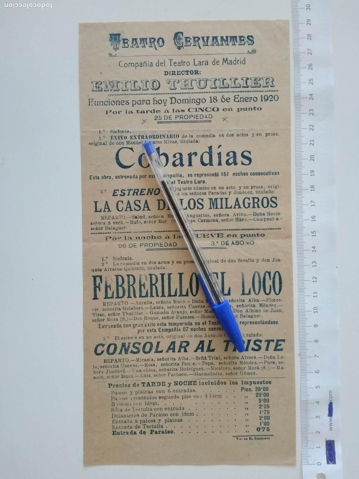 Coleccionismo de carteles: CARTEL TEATRO CERVANTES DE MALAGA 1920 COMPA&Ntilde;IA DEL TEATRO LARA DE MADRID EMILIO THUILLIER COBARDIAS
