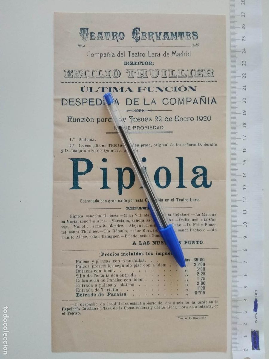 Coleccionismo de carteles: CARTEL TEATRO CERVANTES DE MALAGA 1920 COMPA&Ntilde;IA DEL TEATRO LARA DE MADRID EMILIO THUILLIER PIPIOLA