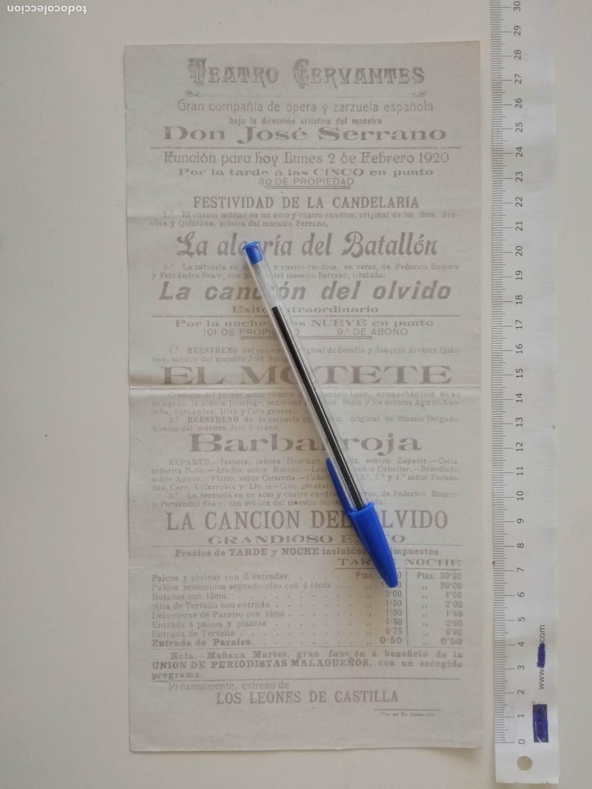 Coleccionismo de carteles: CARTEL TEATRO CERVANTES DE MALAGA 1920 COMPA&Ntilde;IA DON JOSE SERRANO LA CANCION DEL OLVIDO BARBARROJA