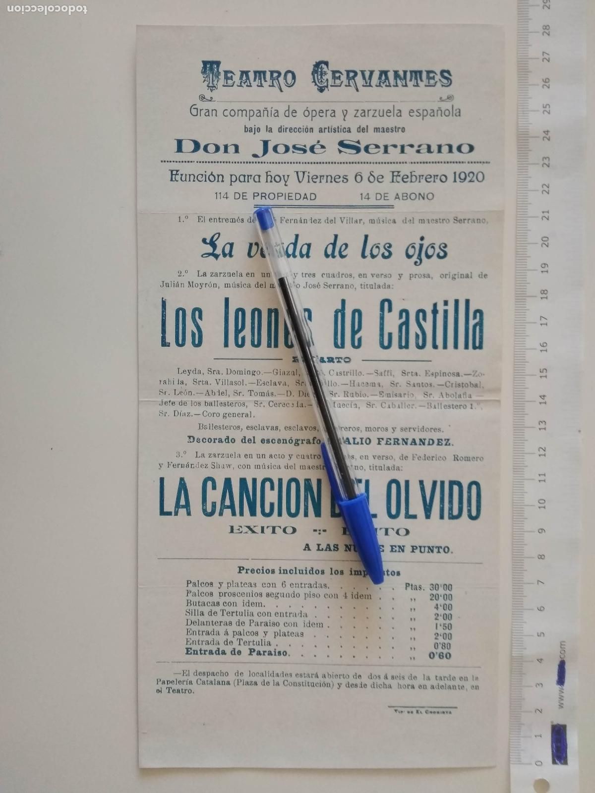 Coleccionismo de carteles: CARTEL TEATRO CERVANTES DE MALAGA 1920 COMPA&Ntilde;IA DON JOSE SERRANO LOS LEONES DE CASTILLA