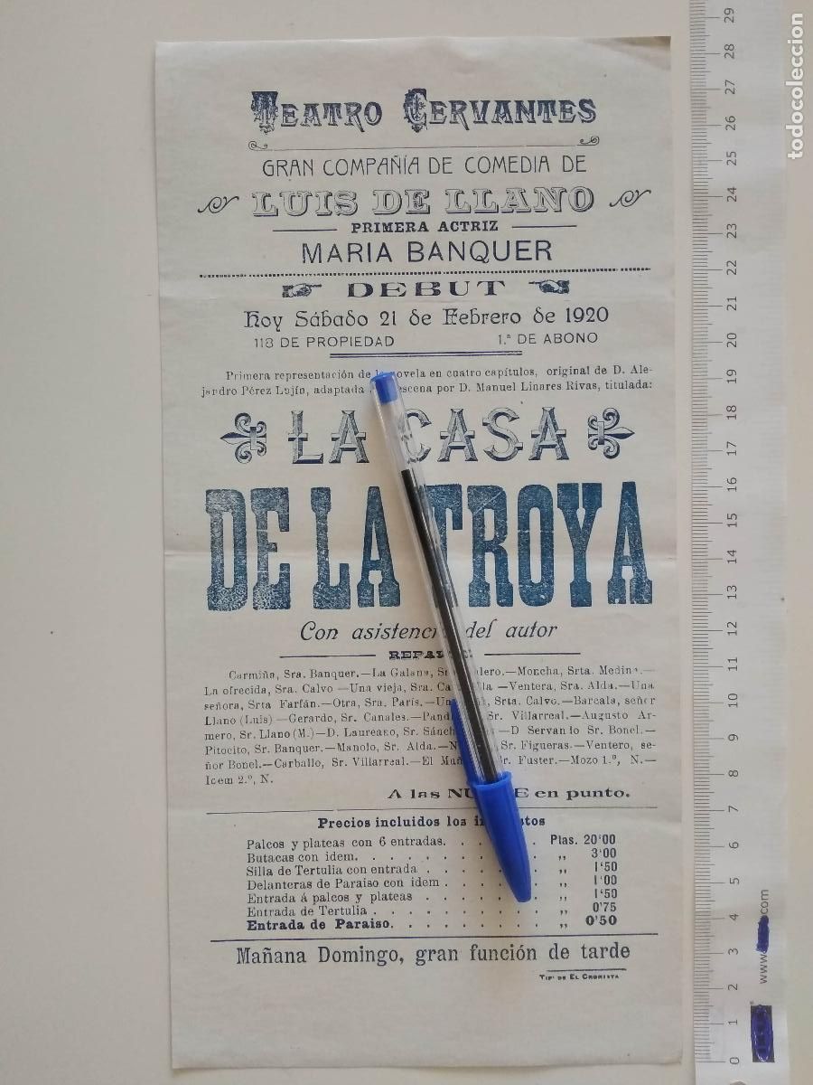 Collectionnisme d'affiches: CARTEL TEATRO CERVANTES DE MALAGA 1920 COMPA&Ntilde;IA LUIS DE LLANO MARIA BANQUER LA CASA DE LA TROYA
