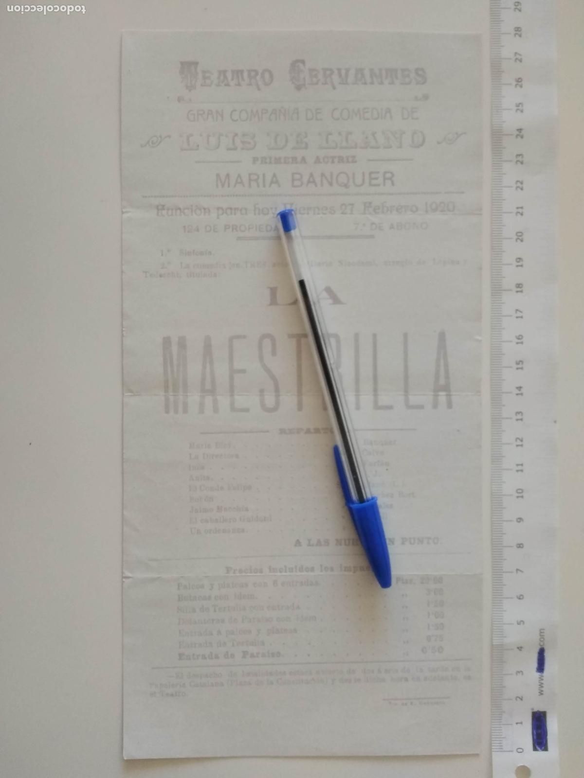 Coleccionismo de carteles: CARTEL TEATRO CERVANTES DE MALAGA 1920 COMPA&Ntilde;IA LUIS DE LLANO MARIA BANQUER LA MAESTRILLA