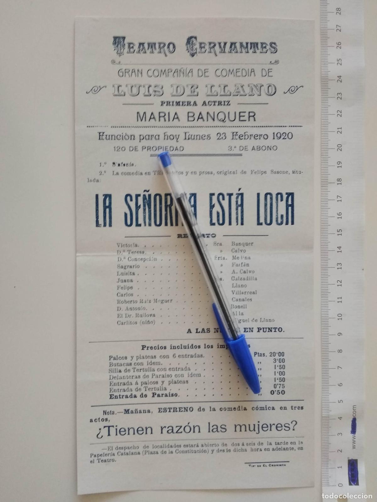Coleccionismo de carteles: CARTEL TEATRO CERVANTES DE MALAGA 1920 COMPA&Ntilde;IA LUIS DE LLANO MARIA BANQUER LA SE&Ntilde;ORITA ESTA LOCA