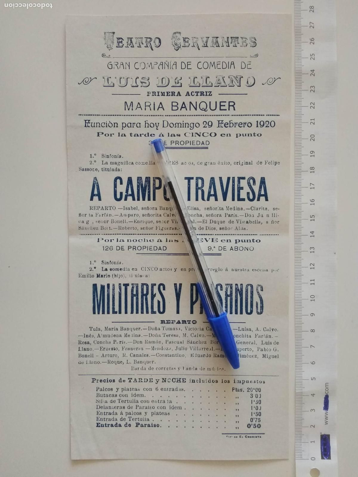 Coleccionismo de carteles: CARTEL TEATRO CERVANTES DE MALAGA 1920 COMPA&Ntilde;IA LUIS DE LLANO MARIA BANQUER MILITARES Y PAISANOS