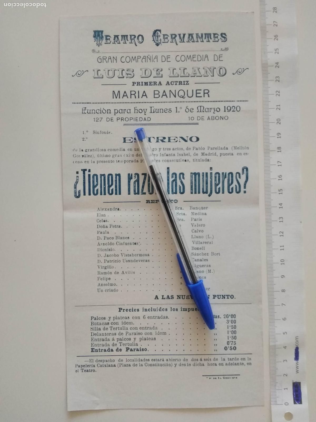 Coleccionismo de carteles: CARTEL TEATRO CERVANTES DE MALAGA 1920 COMPA&Ntilde;IA LUIS DE LLANO MARIA BANQUER TIENEN RAZON LAS MUJERES