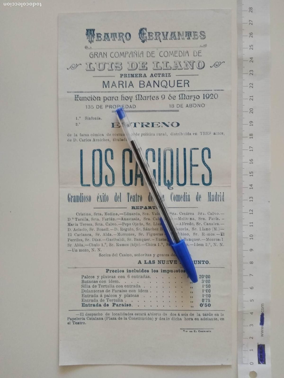 Coleccionismo de carteles: CARTEL TEATRO CERVANTES DE MALAGA 1920 COMPA&Ntilde;IA LUIS DE LLANO MARIA BANQUER LOS CACIQUES