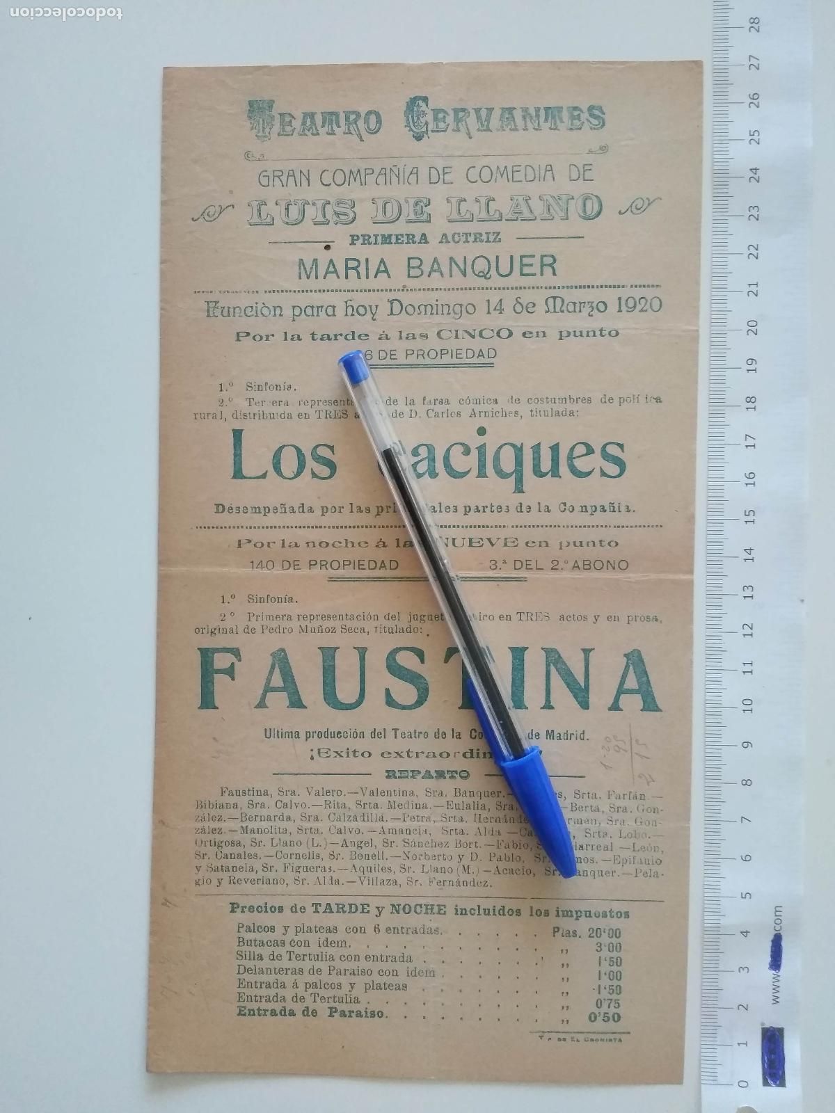 Coleccionismo de carteles: CARTEL TEATRO CERVANTES DE MALAGA 1920 COMPA&Ntilde;IA LUIS DE LLANO MARIA BANQUER FAUSTINA LOS CACIQUES