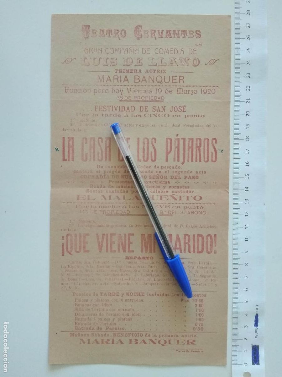 Coleccionismo de carteles: CARTEL TEATRO CERVANTES DE MALAGA 1920 COMPA&Ntilde;IA LUIS DE LLANO MARIA BANQUER LA CASA DE LOS PAJAROS